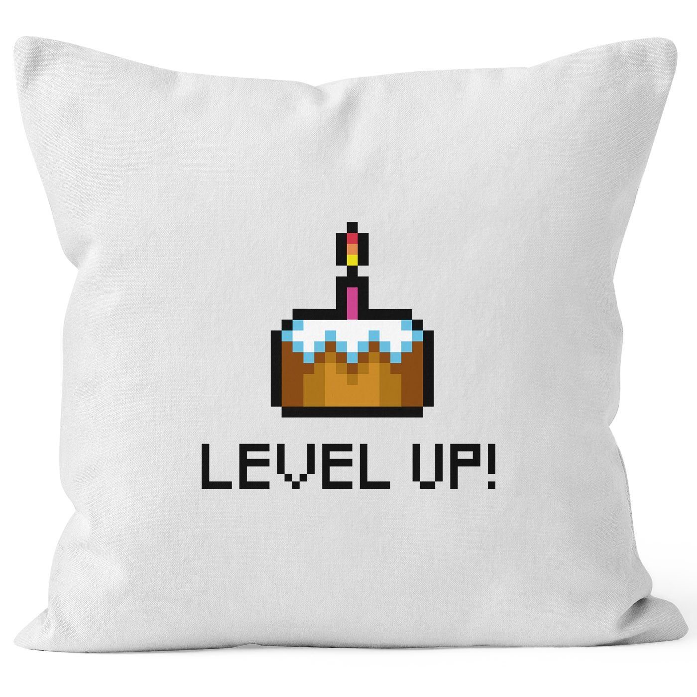 Up MoonWorks® Geburtstag Level Retro weiß Arcade Kissenhülle Pixel-Torte Baumwolle Dekokissen Pixelgrafik Gamer MoonWorks Dekokissen Geschenk Kissenbezug