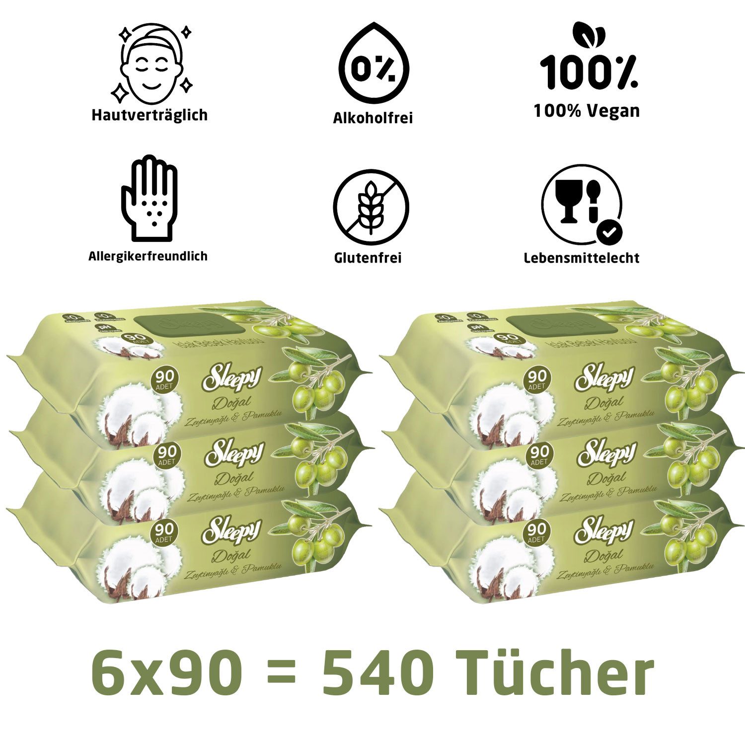 Sleepy Natur Feuchttücher aus Baumwollfasern Olivenöl 540-Tücher Babytücher Reinigungstücher (1-tlg)