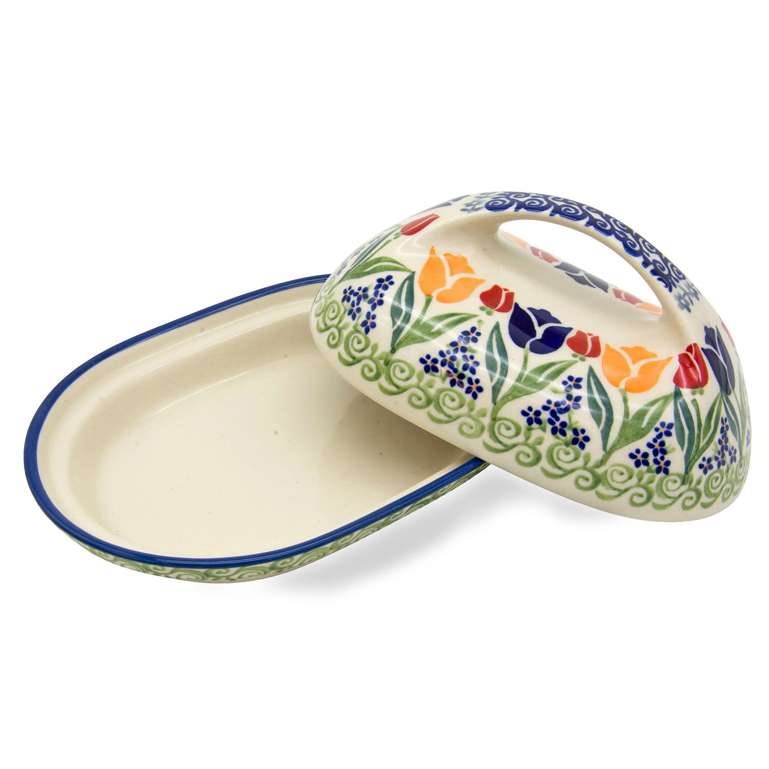 Bunzlauer Keramik Manufaktura Butterdose oval mit großem Griff, Unterteil und Deckel oval geformt, großer Griff.