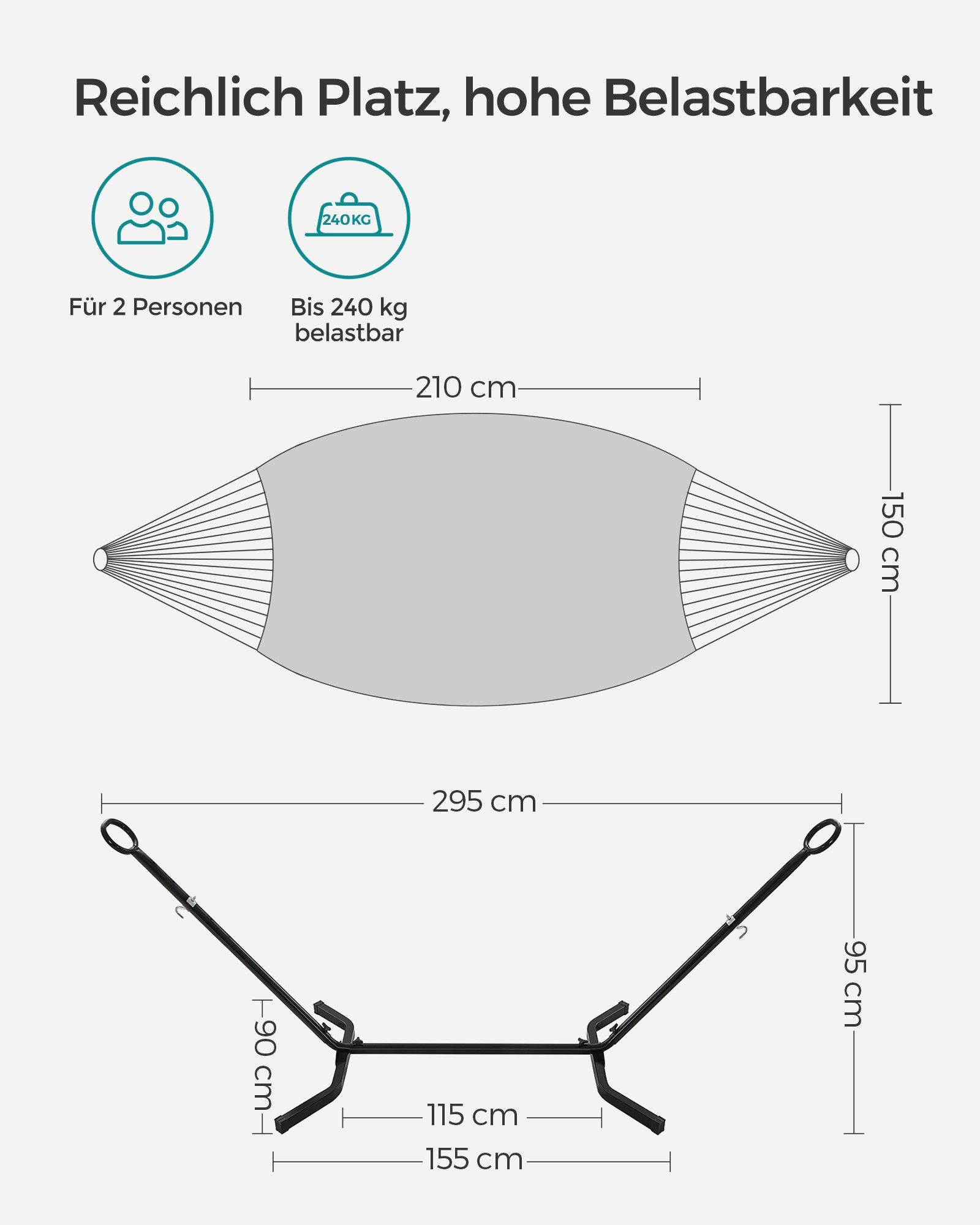 SONGMICS Hängematte höhenverstellbar, stabiler Metallrahmen, atmungsaktives Gewebe (für Garten & Camping), 210x150 cm, bis 240 kg belastbar, mit Gestell, schneller Aufbau