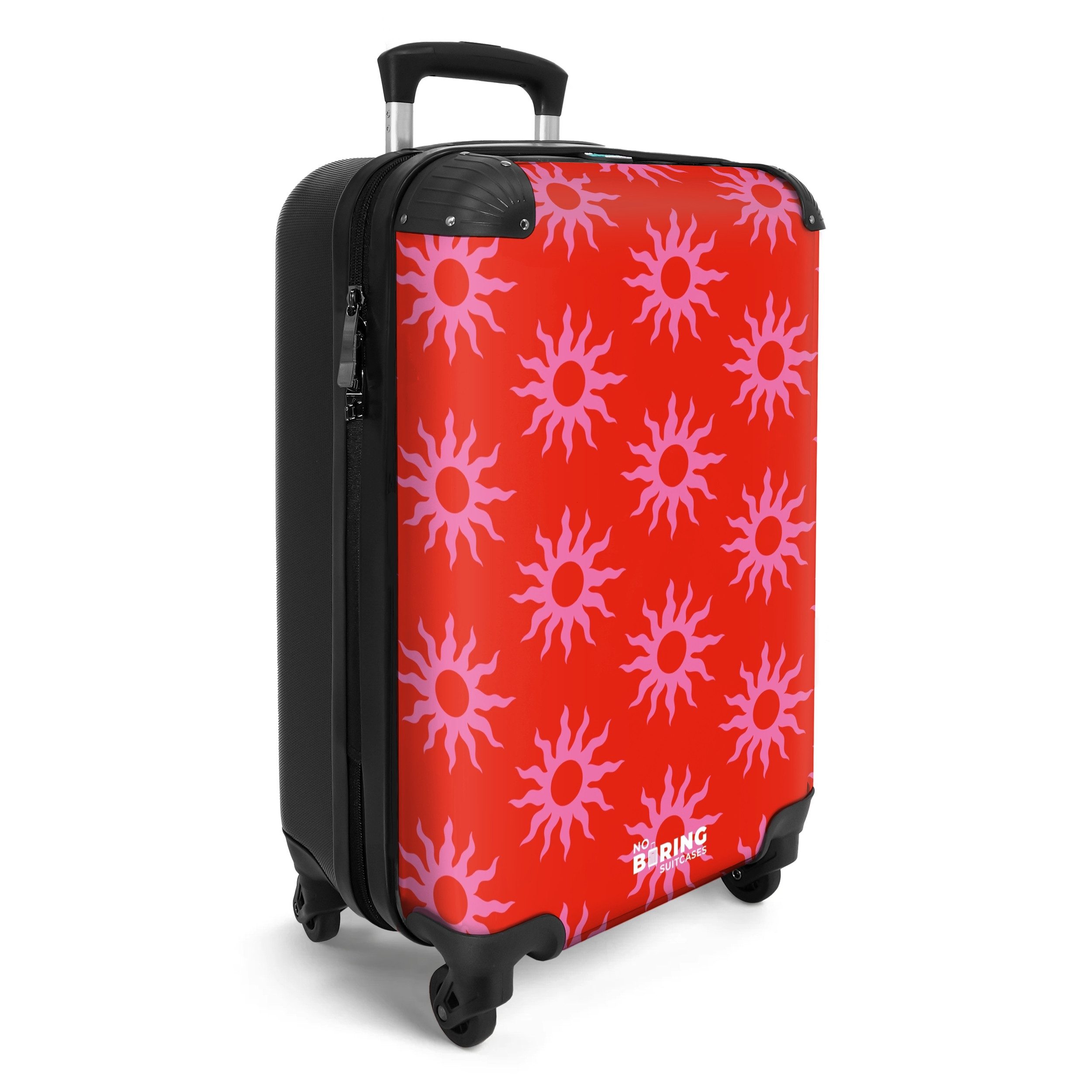 NoBoringSuitcases.com© Hartschalen-Trolley Rot mit rosa Sonnen günstig online kaufen