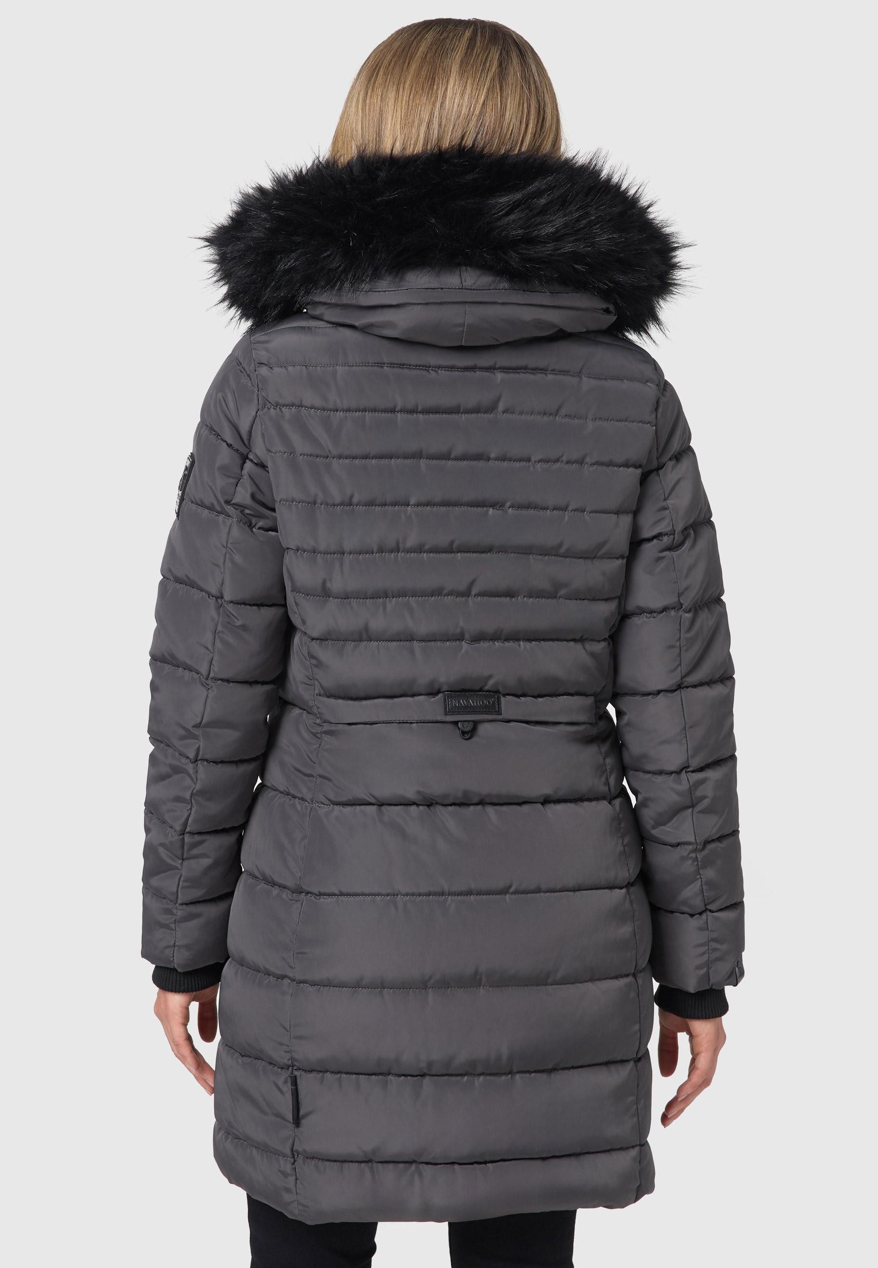 Navahoo Winterjacke Steppjacke lang mit Kapuze – Warm gefüttert Lange Winterjacke mit Teddyfutter und abnehmbarem Kunstfell