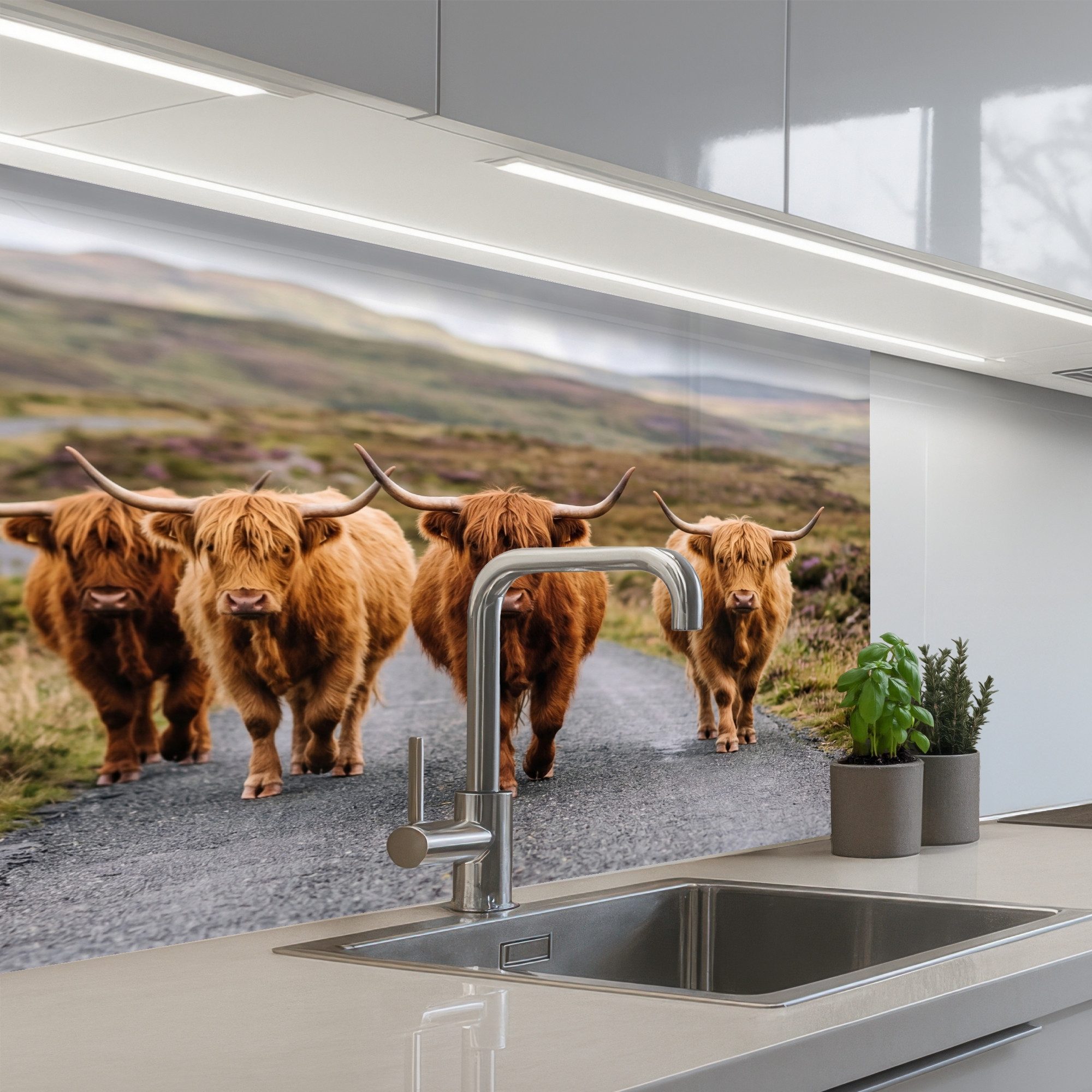 KitchenYeah Küchenrückwand selbstklebend (keine Folie) Schottische Highlander - Straße - Landscha, (1-tlg), Spritzschutz, Küche, Rückwand, Küchenwand, Küchenfront, 80x60 cm