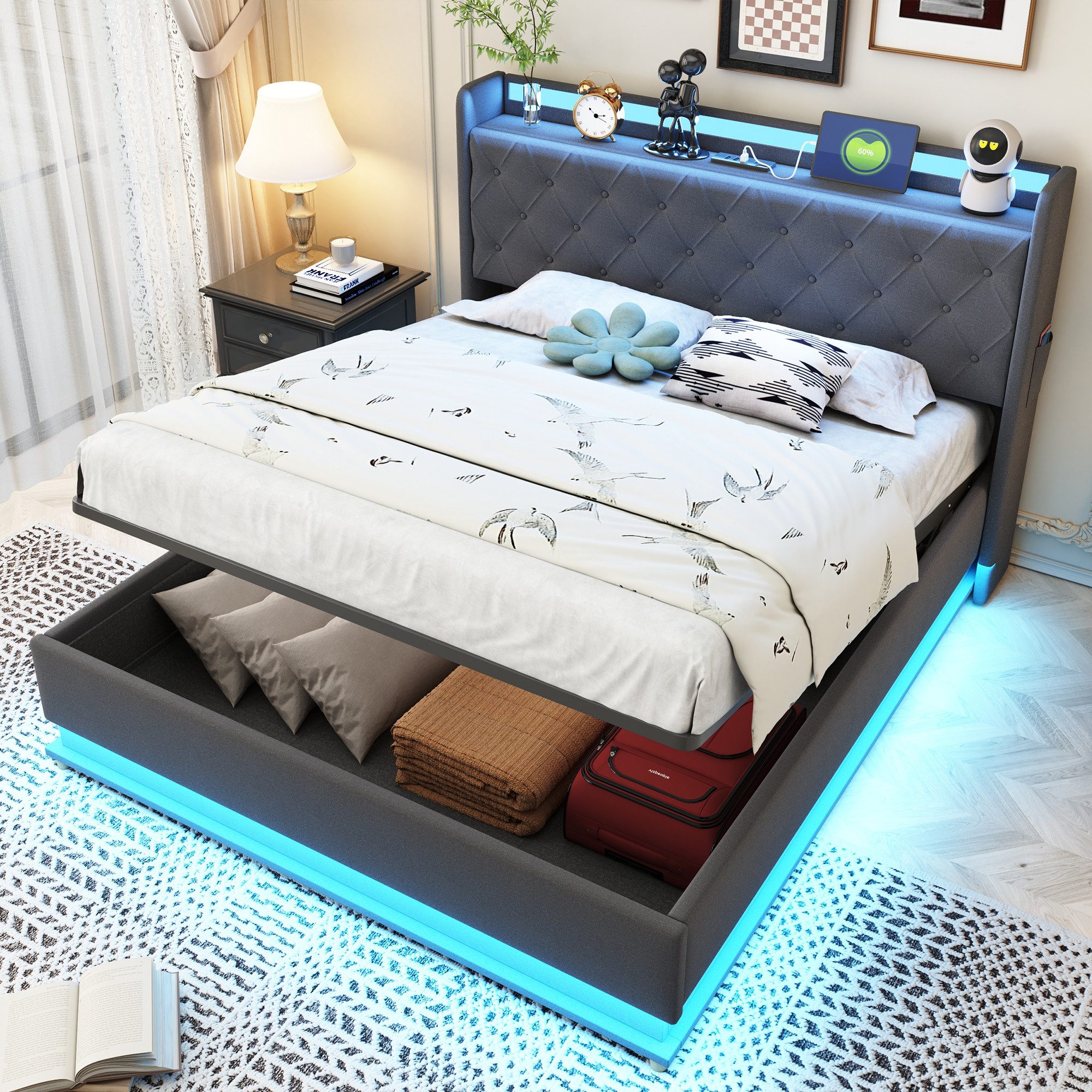 Flieks Polsterbett, LED Hydraulisches Stauraumbett Doppelbett günstig online kaufen
