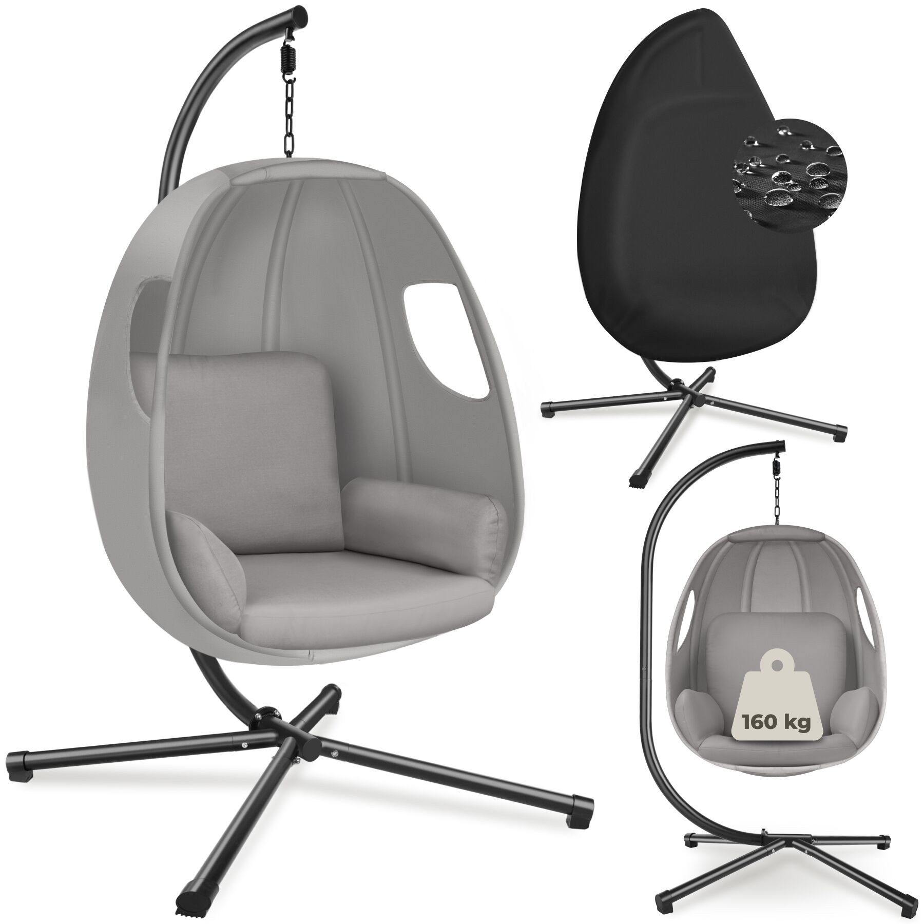 tectake Hängesessel Hängeschaukel mit extra dickem Sitzkissen, 100 x 97 x 201 cm (Hängestuhl Anika, in Hellgrau), bodenschonend und faltbar, Belastbarkeit 160 kg, inklusive Schutzhülle