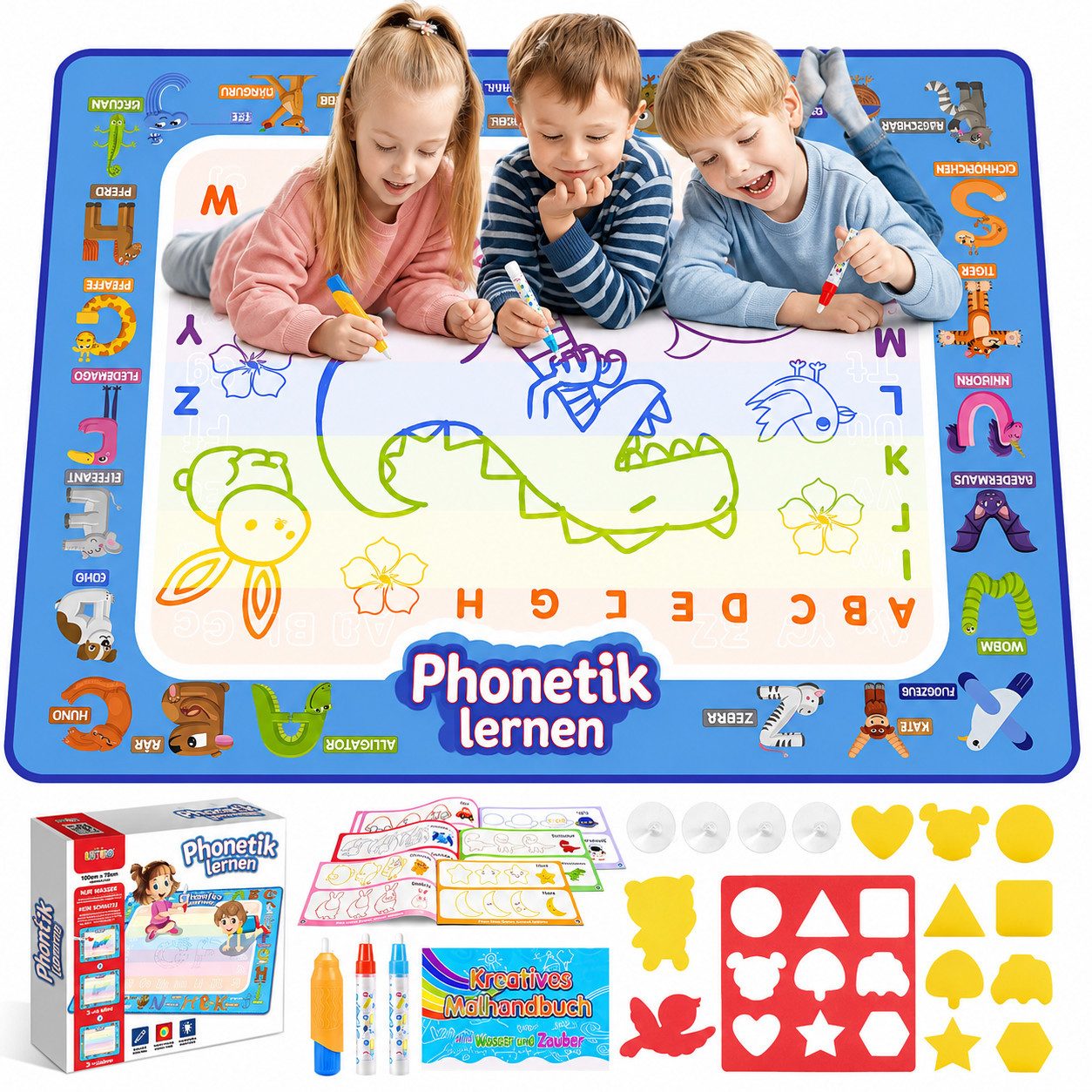 Wootoy Kreativset Zaubertafel Lernspielzeug 100×80cm Wasser Doodle Matte, (mit 2 Wasserstiften Sieben Farben, 21-tlg., Wiederverwendbare Zaubermalmatte Malen nur mit Wasser), geeignet für gemeinsames oder individuelles Malen