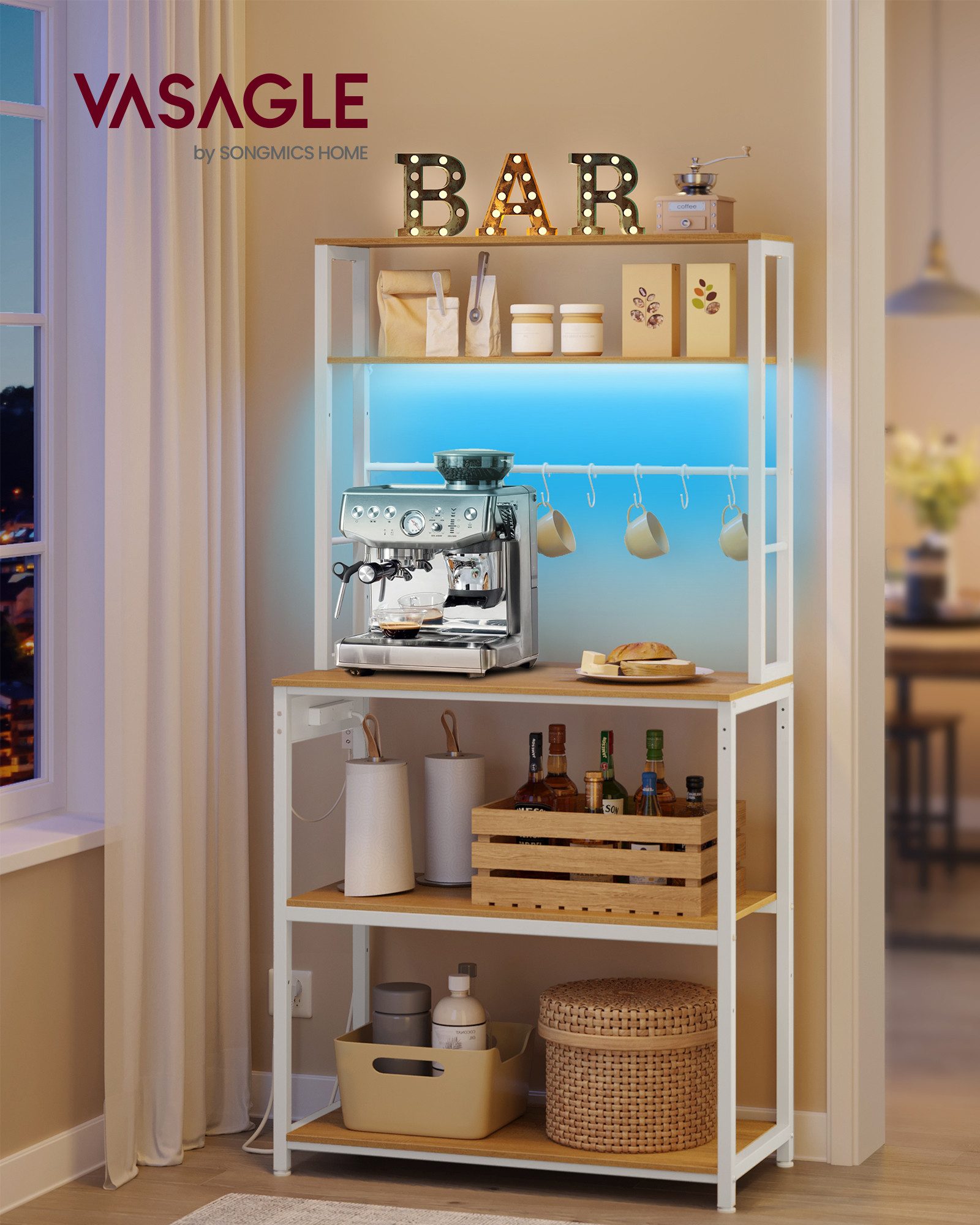 VASAGLE Standregal, mit LED-Beleuchtung, Steckdosen, verstellbaren Ablagen, günstig online kaufen