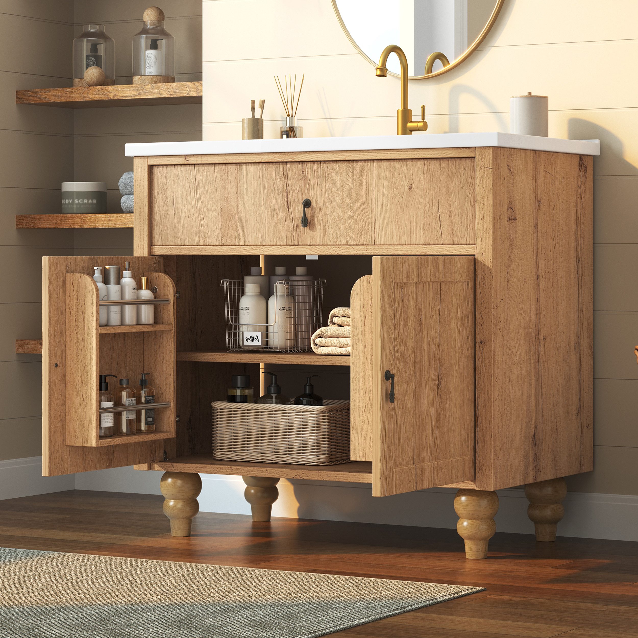 Flieks Waschtisch Waschbeckenunterschrank, Retro-Massivholzbeine & Retro-Schwenkgriff (bodenstehend, Badschrank mit Soft-Close-Funktion-Scharnieren, 1-St., 81x4 – Bild 4 von 5