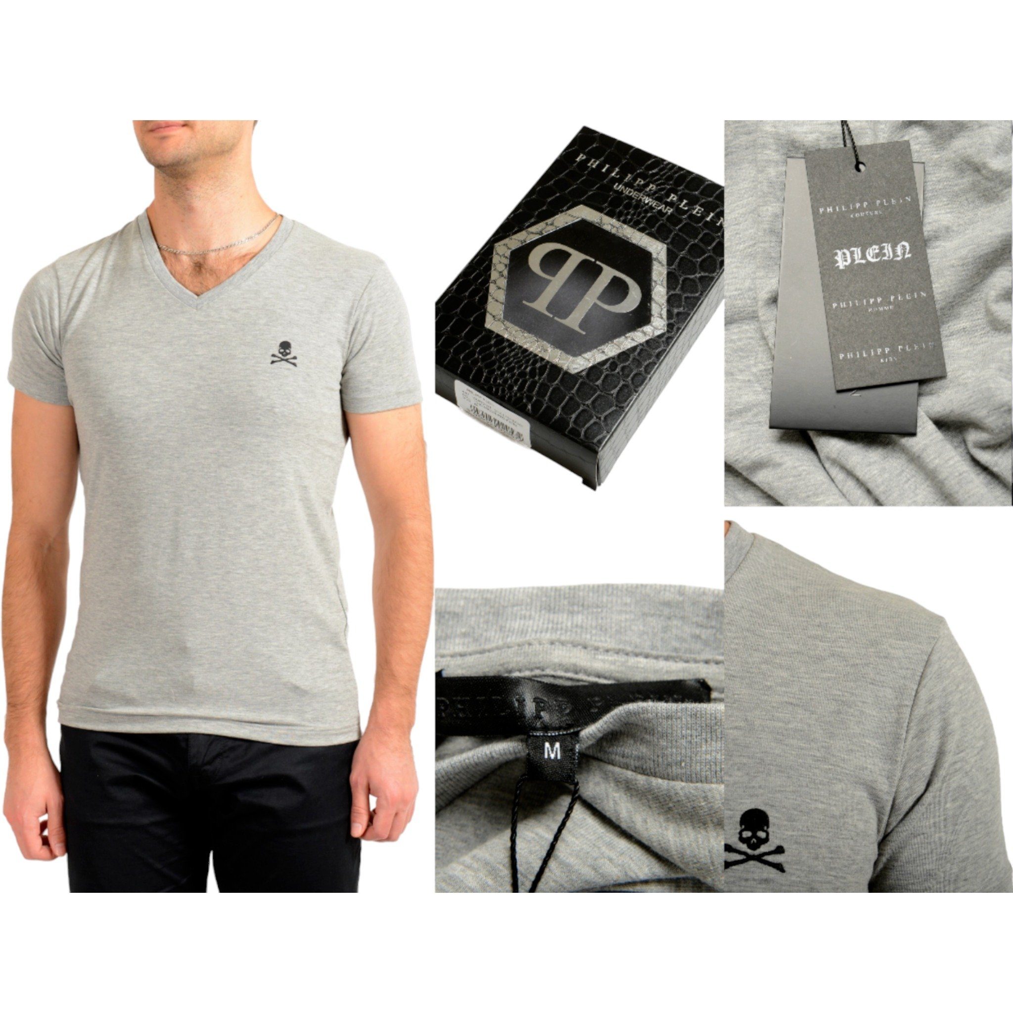 Plein PLEIN UNDERWEAR Philipp PHILIPP Grau T-Shirts, T-Shirt TOTENKOPF LOGO WOW V-Ausschnitt, SHIRT