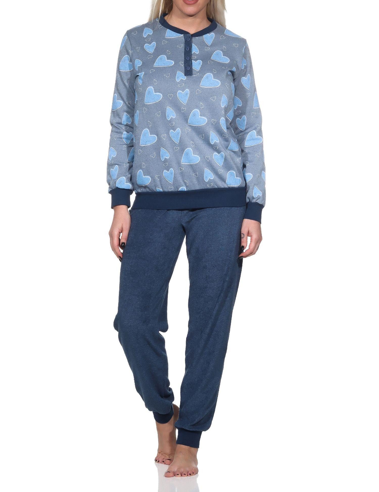 Pyjama Normann Damen langarm Frottee Schlafanzug mit Bündchen in Herz Optik