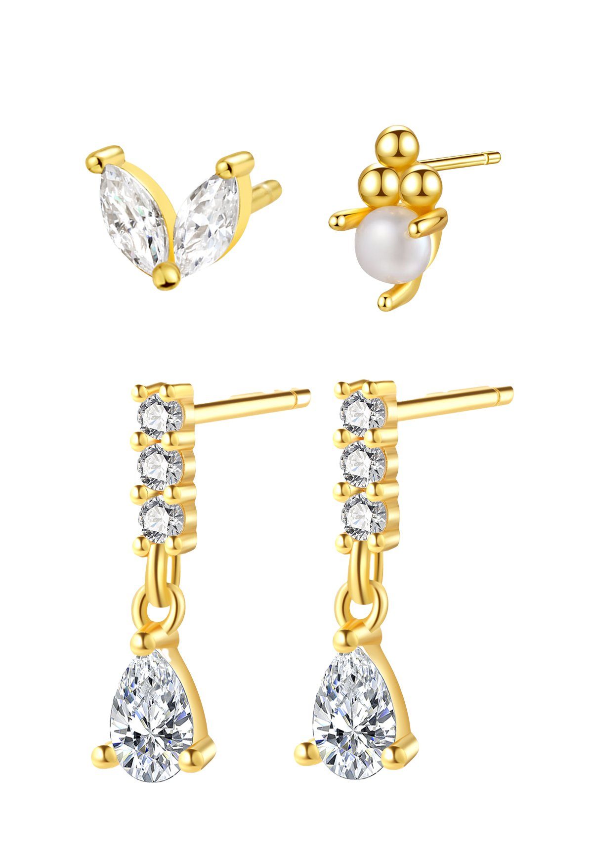 Hey Happiness Ohrstecker-Set Luna für Damen, aus Silber 925 18K vergoldet, Filigrane Ohrstecker mit Perlen & Zirkonia, Layering Schmuck