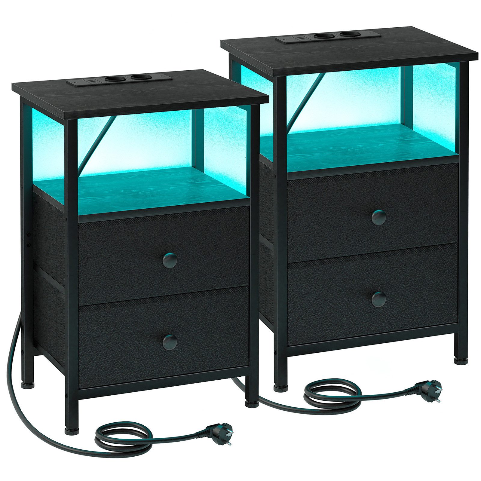 AMHANCIBLE Nachttisch 2er-Set mit integrierter Ladestation, LED-Beleuchtung & 2 Schubladen (2-St), multifunktionaler Beistelltisch mit offenem Fach, 40x30x60cm