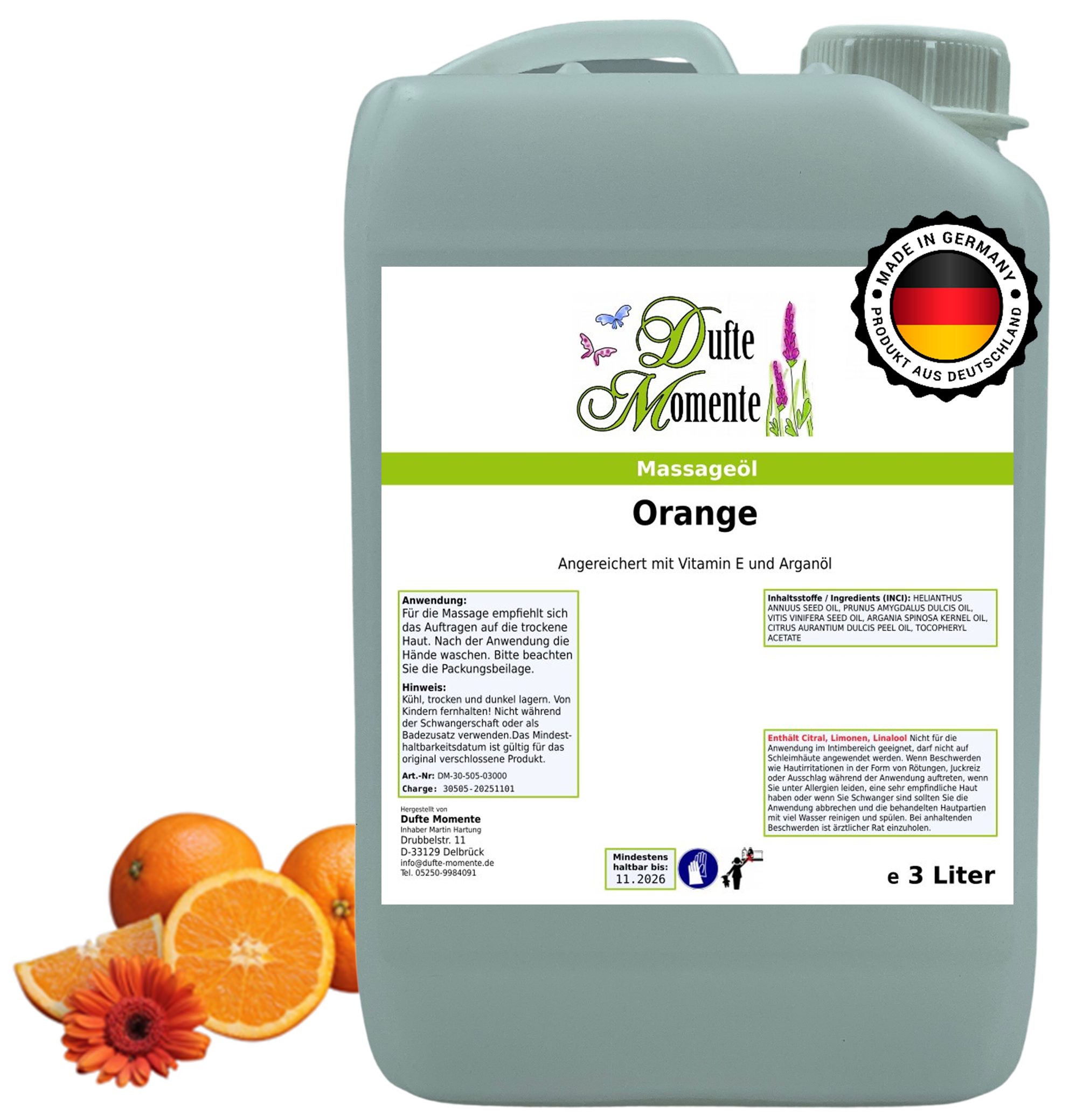 Dufte Momente Massageöl Orange 250ml - 3 L, hochwertige Pflanzenöle als Basis, vegan und ohne Tierversuche