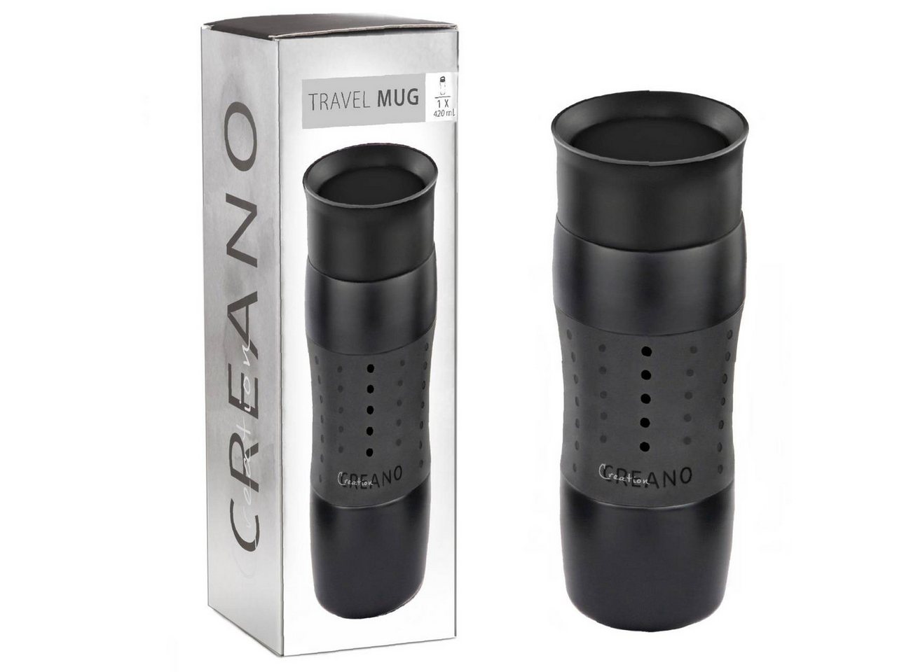 Creano Thermoflasche Thermobecher “Travel-Mug Schwarz” 420 ml, abnehmbare Öffnung für einache Reinigung
