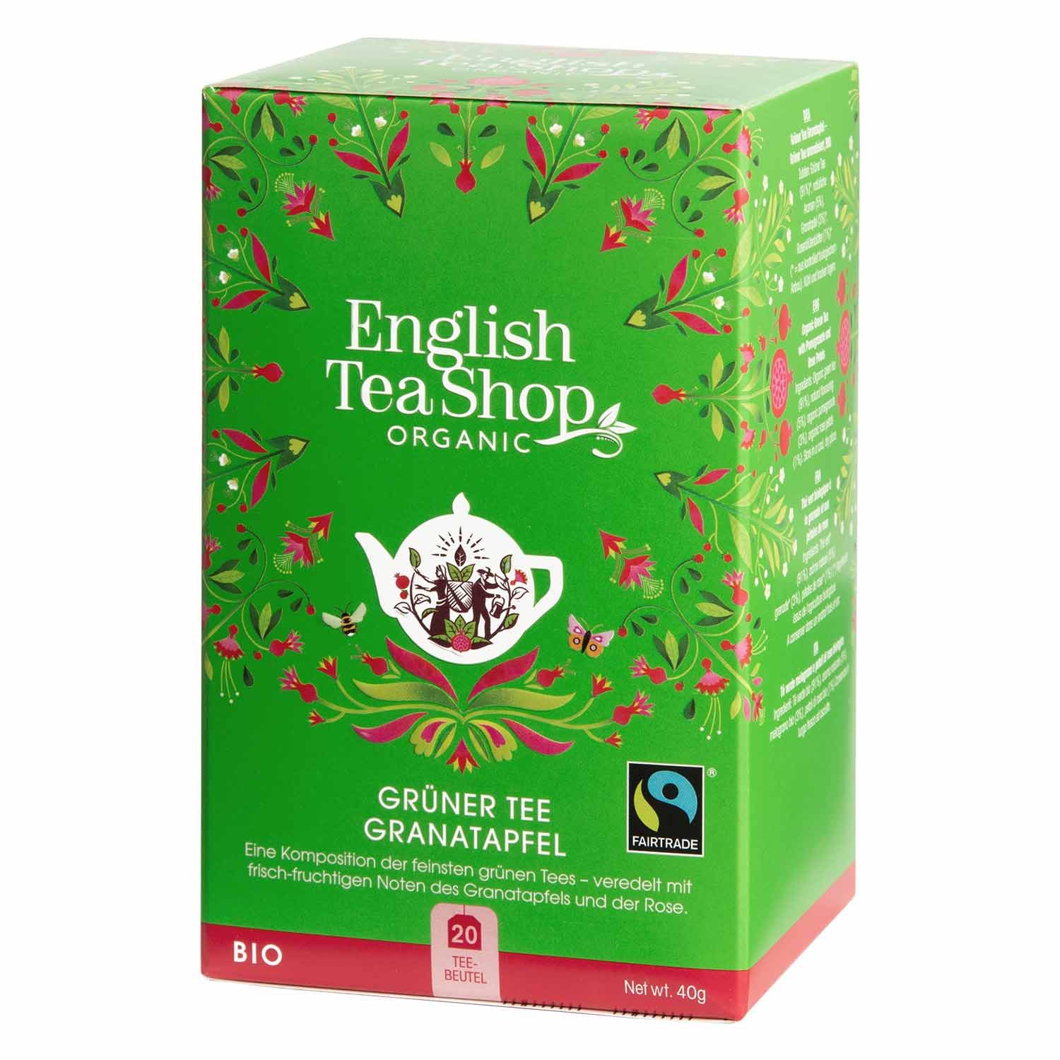 English Tea Shop Tee Grüner Tee Granatapfel, BIO Fairtrade, 20 Teebeutel, sanfter Grüntee, fruchtiger Granatapfel, blumige Rose
