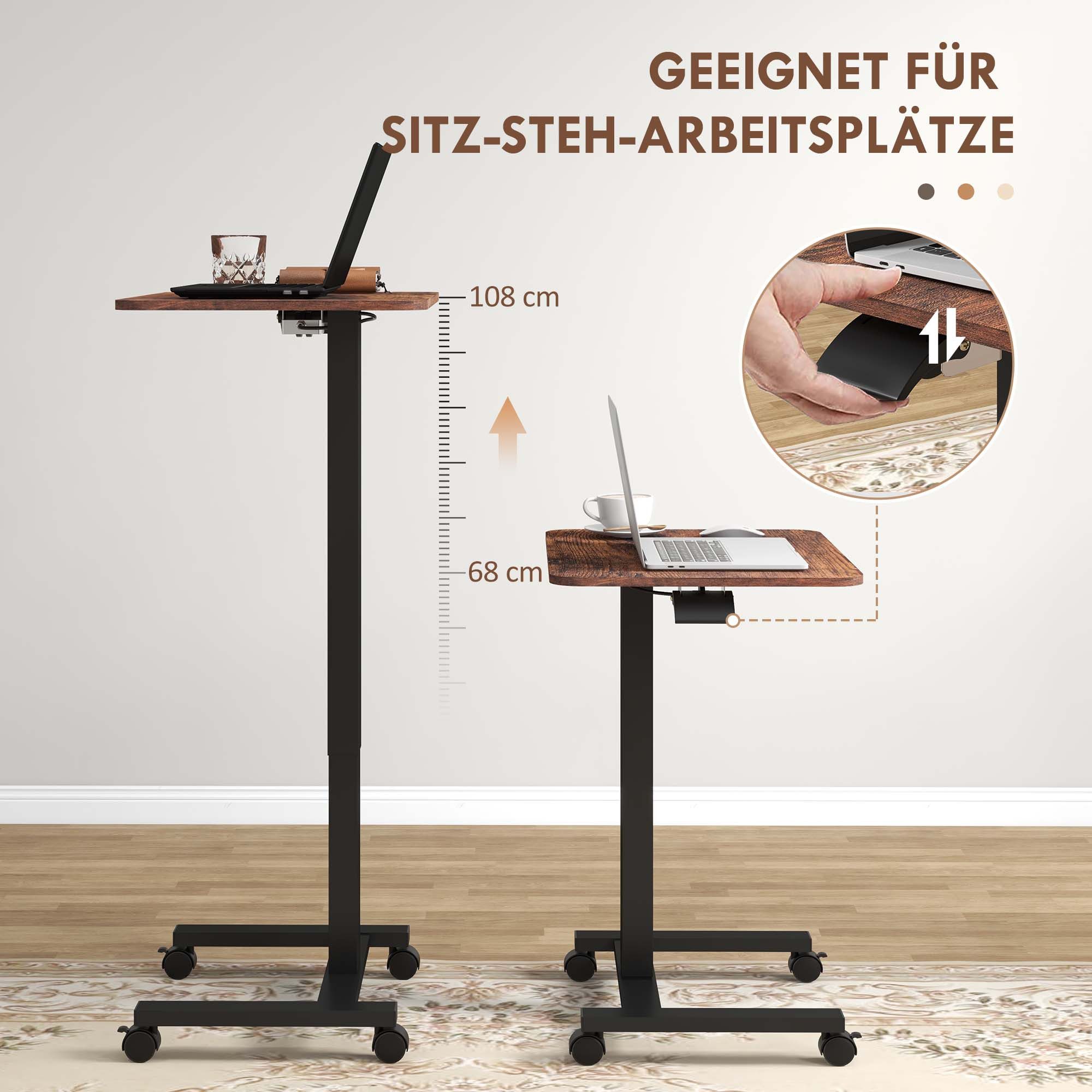 MC Star Laptoptisch Höhenverstellbarer, mit 4 Rollen, 2 Bremsen, 65 cm x 48 cm x 108 cm (mit Handkurbel, Bremse, Spanplatte, Rustikal-Braun)