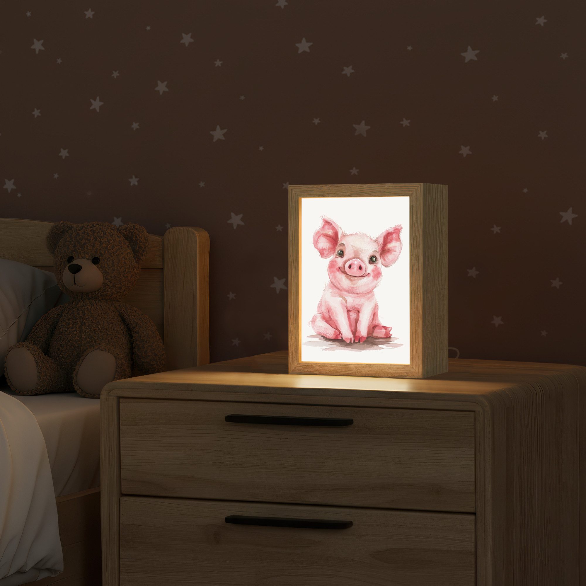 OnlyWow Nachttischlampe Lightbox Schwein - Rosa - Babytier - Bauernhoftiere - Mädchen, Dimmbar, Farbwechsel, LED, Warmweiß, Kaltweiß, Neutralweiß Einstellbar, Kinderzimmer, Babyzimmer, Dimmbar, mit Kabel, Nachtlampe, LED