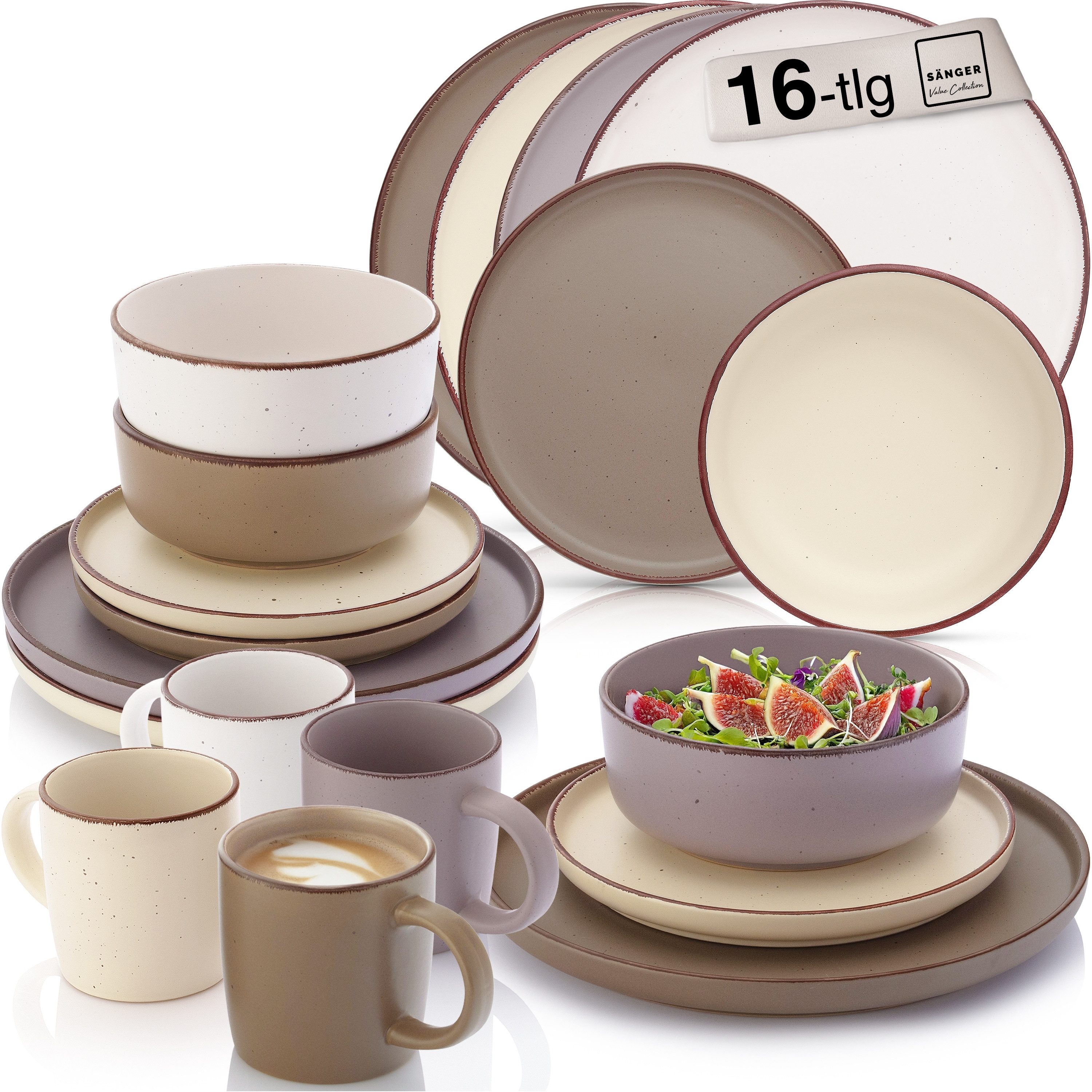 SÄNGER Geschirr-Set Bombay (16-tlg), 4 Personen, Steingut, Bombay Erdfarben, Handmade, Erweiterbar, VALUE COLLECTION