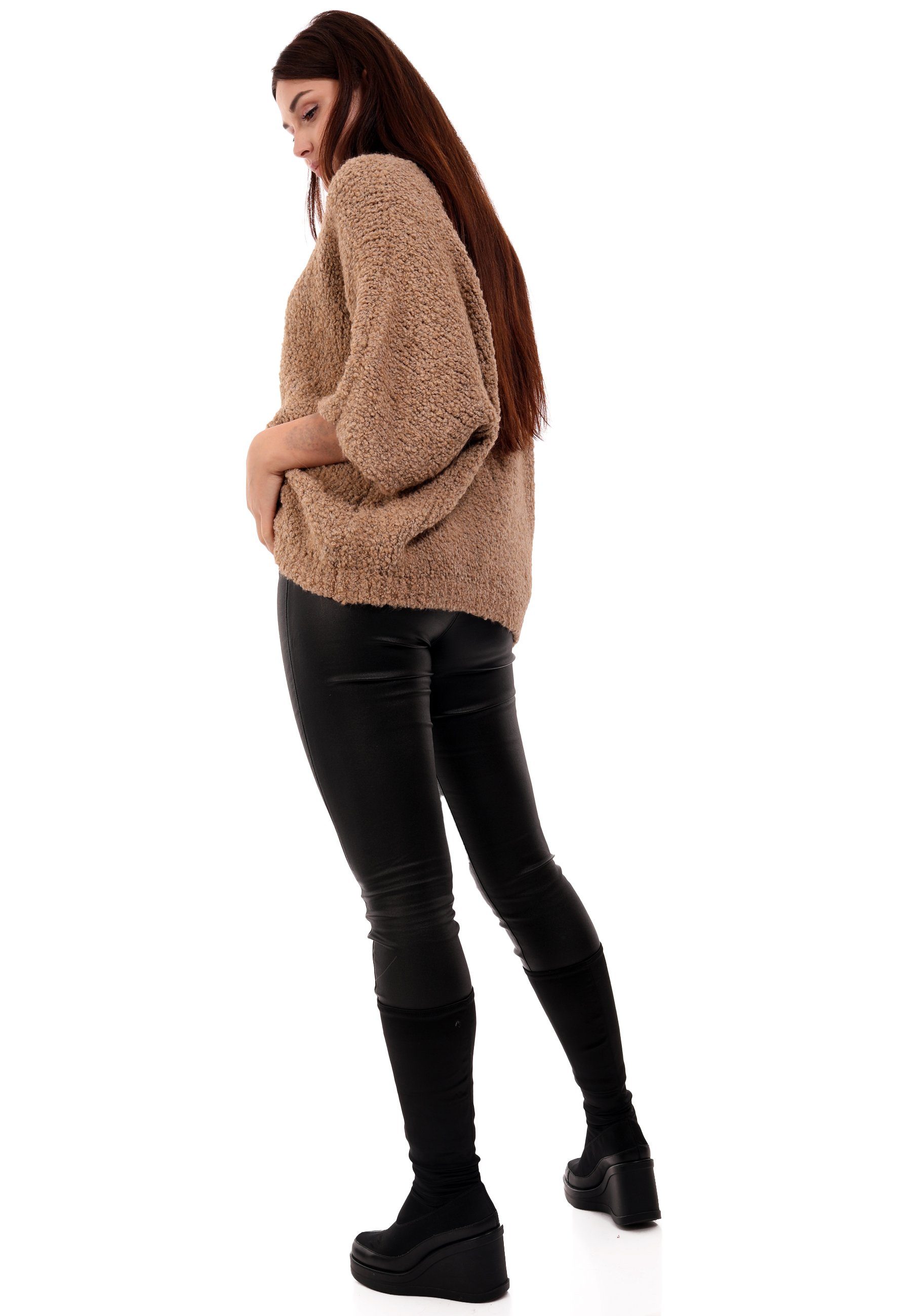 V-Ausschnitt Damen Size One mit YC beige & Style casual Winter Pulli (1-tlg) Grobstrick Pullover Strickpullover Fashion