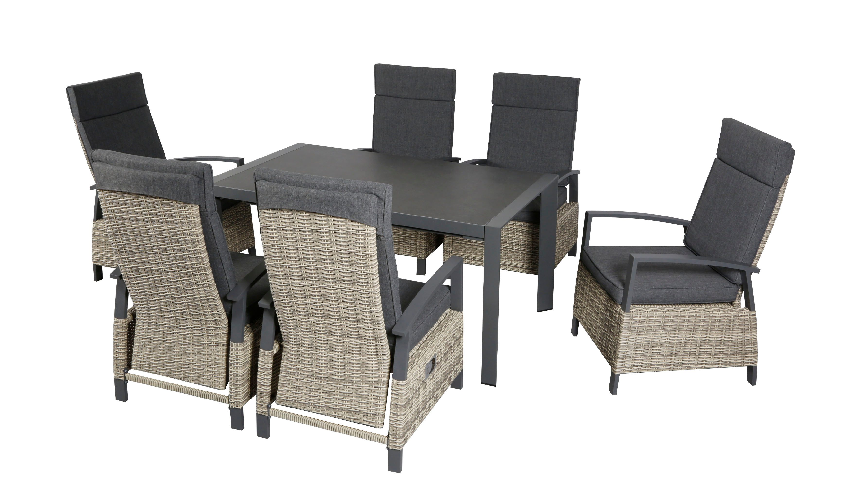 KONIFERA Garten-Essgruppe Menton, (Set, 13-tlg., 6x Stuhl, 6x Auflage, 1x AZ-Tisch), bestehend aus 6 Sesseln mit 6 Sitzauflagen und 1 Tisch