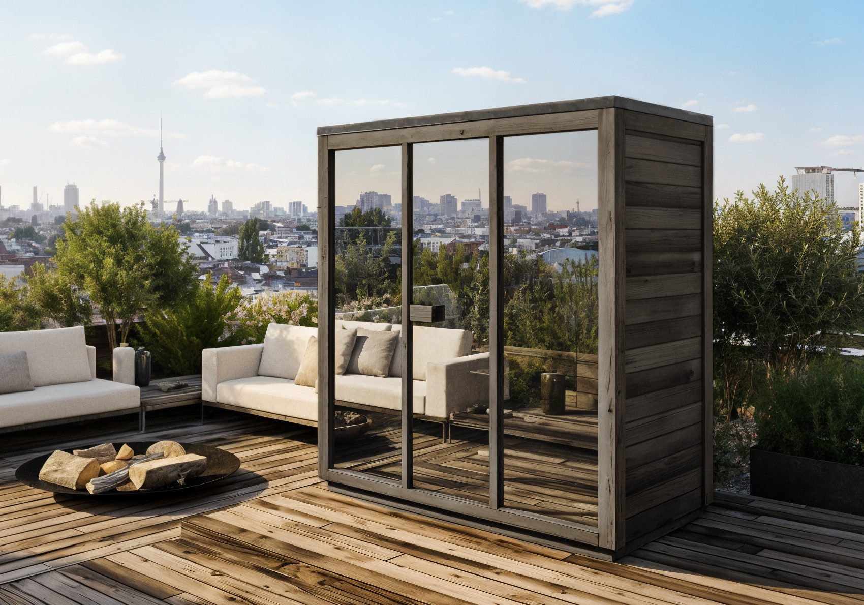 FinnTherm Saunahaus Kuuma M, BxTxH: 199 x 111 x 213 cm, 42 mm, in Schwarz mit Spiegelglas Inkl. Fußboden