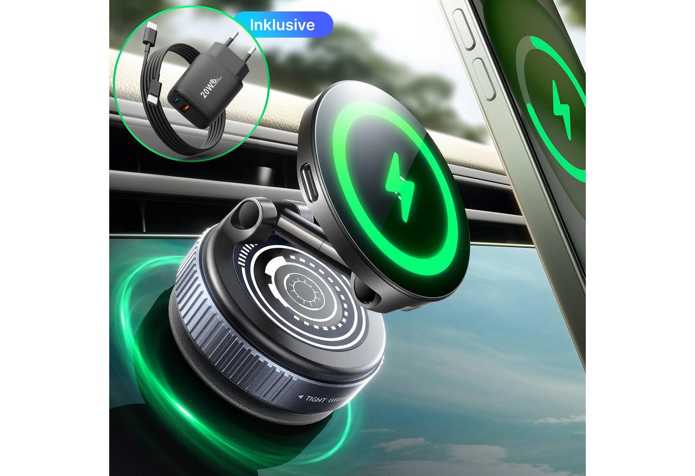 GreenHec Smartphone-Halterung Handyhalterung Auto Vakuum MagSafe Ladefunktion 15W Saugnapf Magnet, (bis 7 Zoll, Spar-Set, Handyhalterung Auto mit Wireless Charging, Qi2 Autohalterung, kabelloses Laden, Car Mount, Phone Mount)