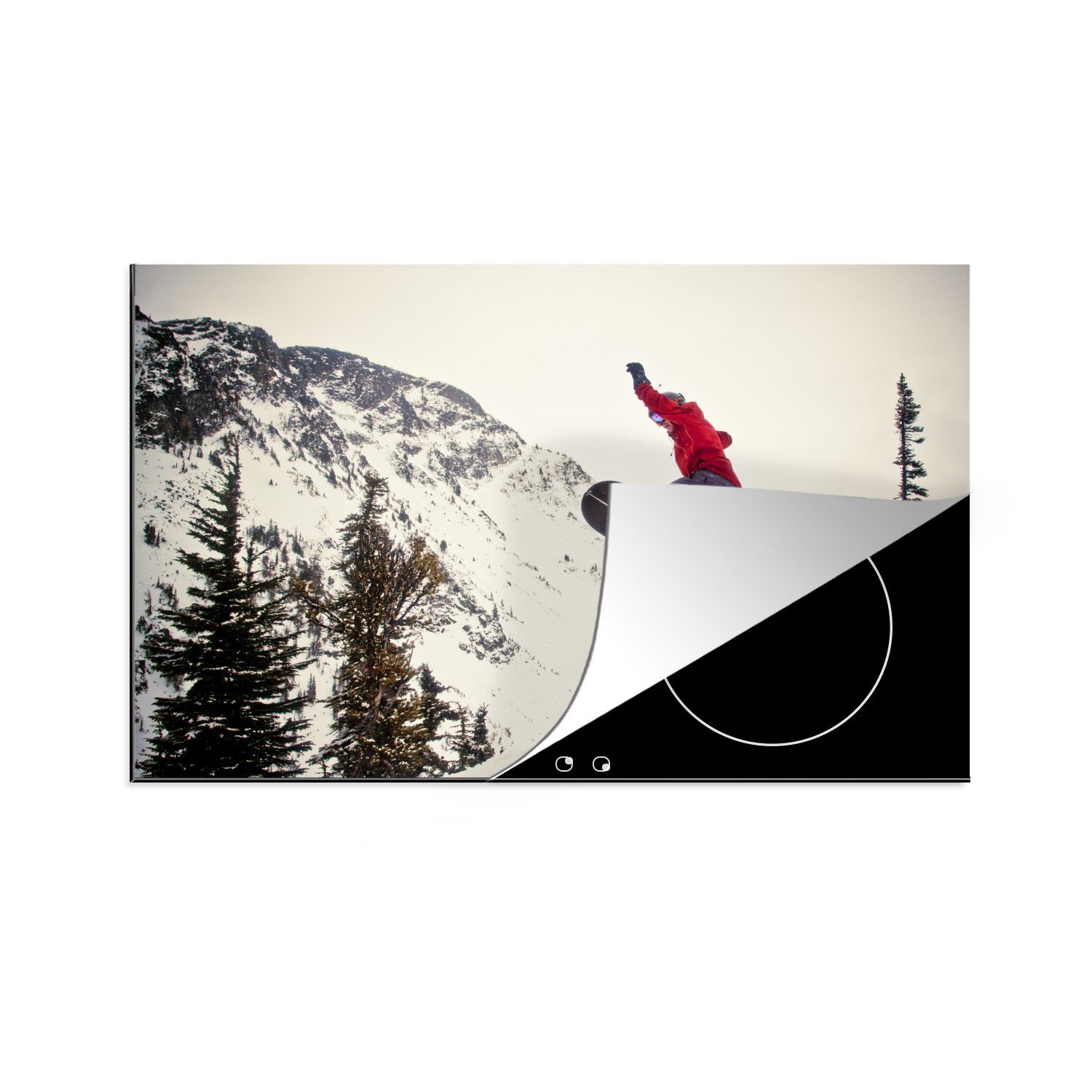 Vinyl, für Ceranfeldabdeckung in Snowboarder 81x52 MuchoWow Induktionskochfeld großen cm, Schutz küche, macht Herdblende-/Abdeckplatte Rot tlg), Sprung, einen die (1 Ein