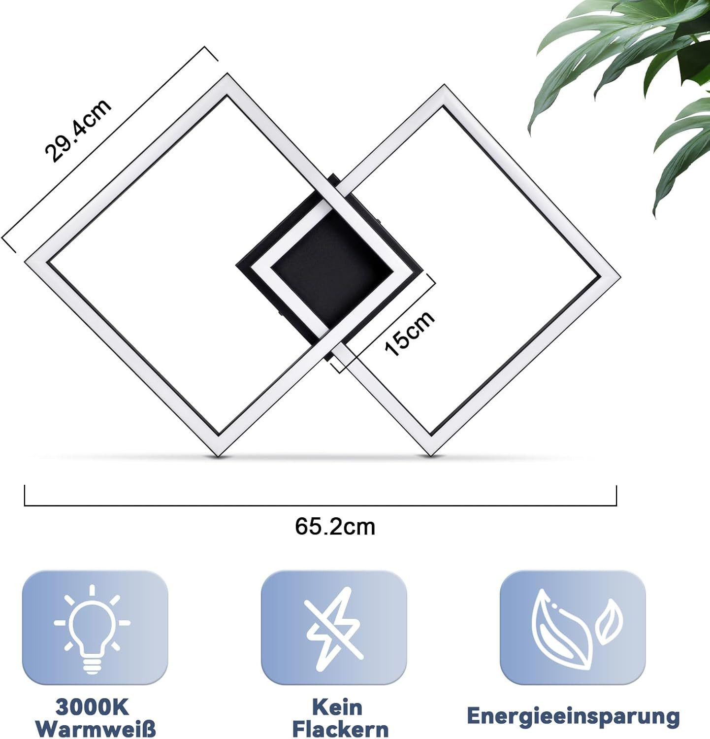 Nettlife LED Deckenleuchte Flur Wohnzimmer Schwarz modern Kristall Deckenlampe 12/24W, LED fest integriert, Warmweiß, ohne Kristalle 24W 46.1*46.1*5.8cm für Woh – Bild 3 von 5