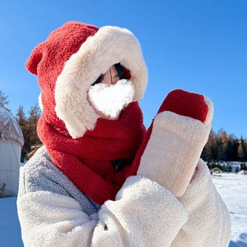 LAKKEC Plüschmütze Weihnachten Plüsch Mütze Schal Handschuhe All-in-One Warm Coldproof Unisex