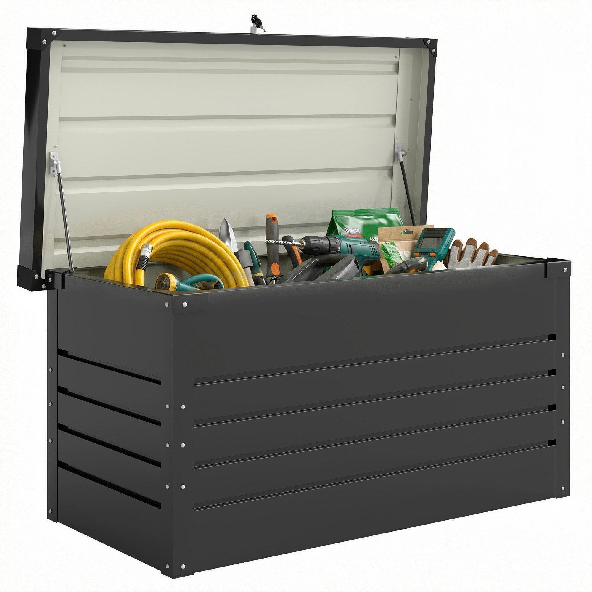Outsunny Gartenbox mit doppelwandig Deckel, Handschuhe (Kissenbox, 3 St., Abschließbar Auflagenbox), für Garten Balkon Grau