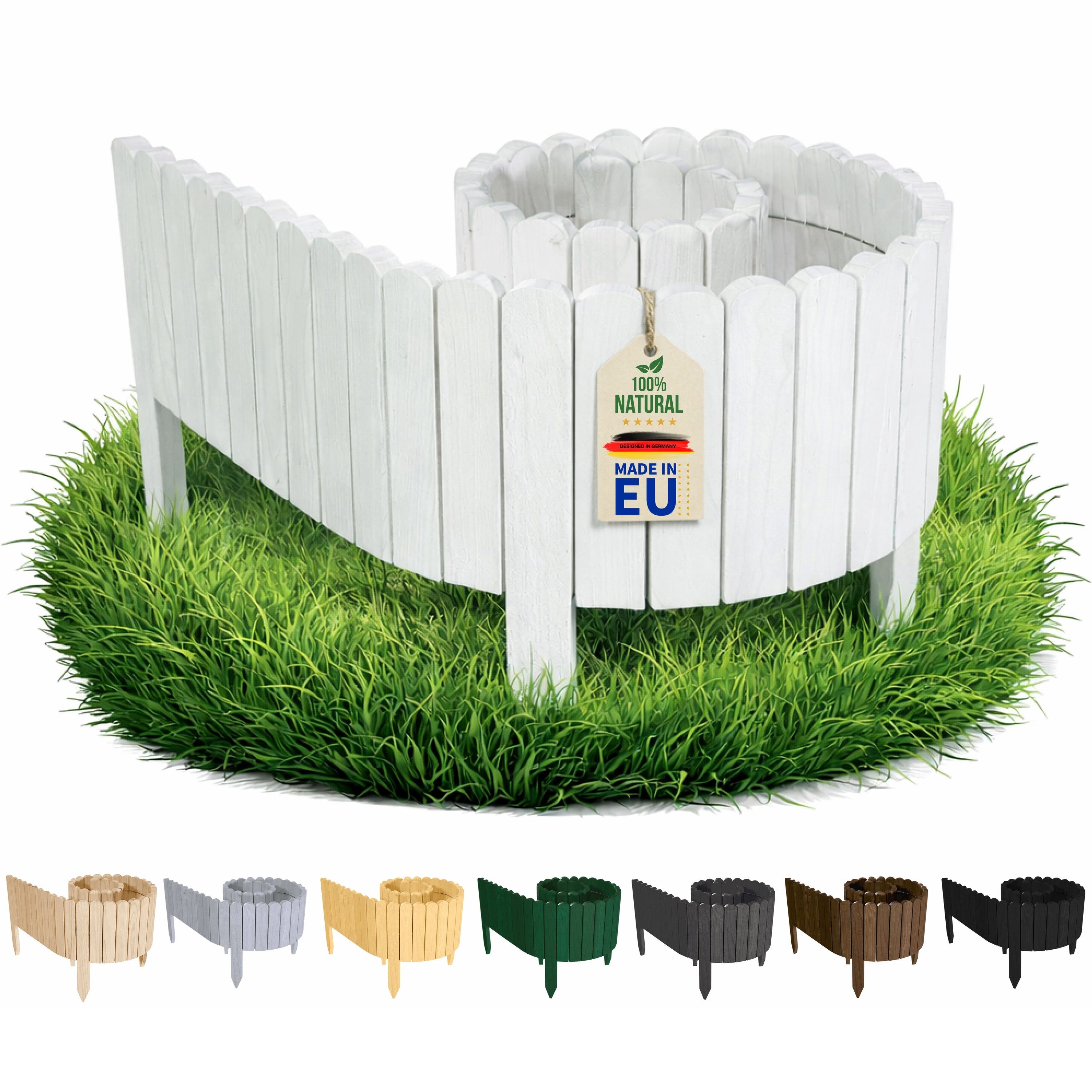 Floranica Palisade Rasenkante Holz Flexible Beeteinfassung Rollborder Gartenzaun, LxH: 200x10 cm, Weiß, Umzäunung für Garten Blumenbeeten Gemüsebeeten Rosen