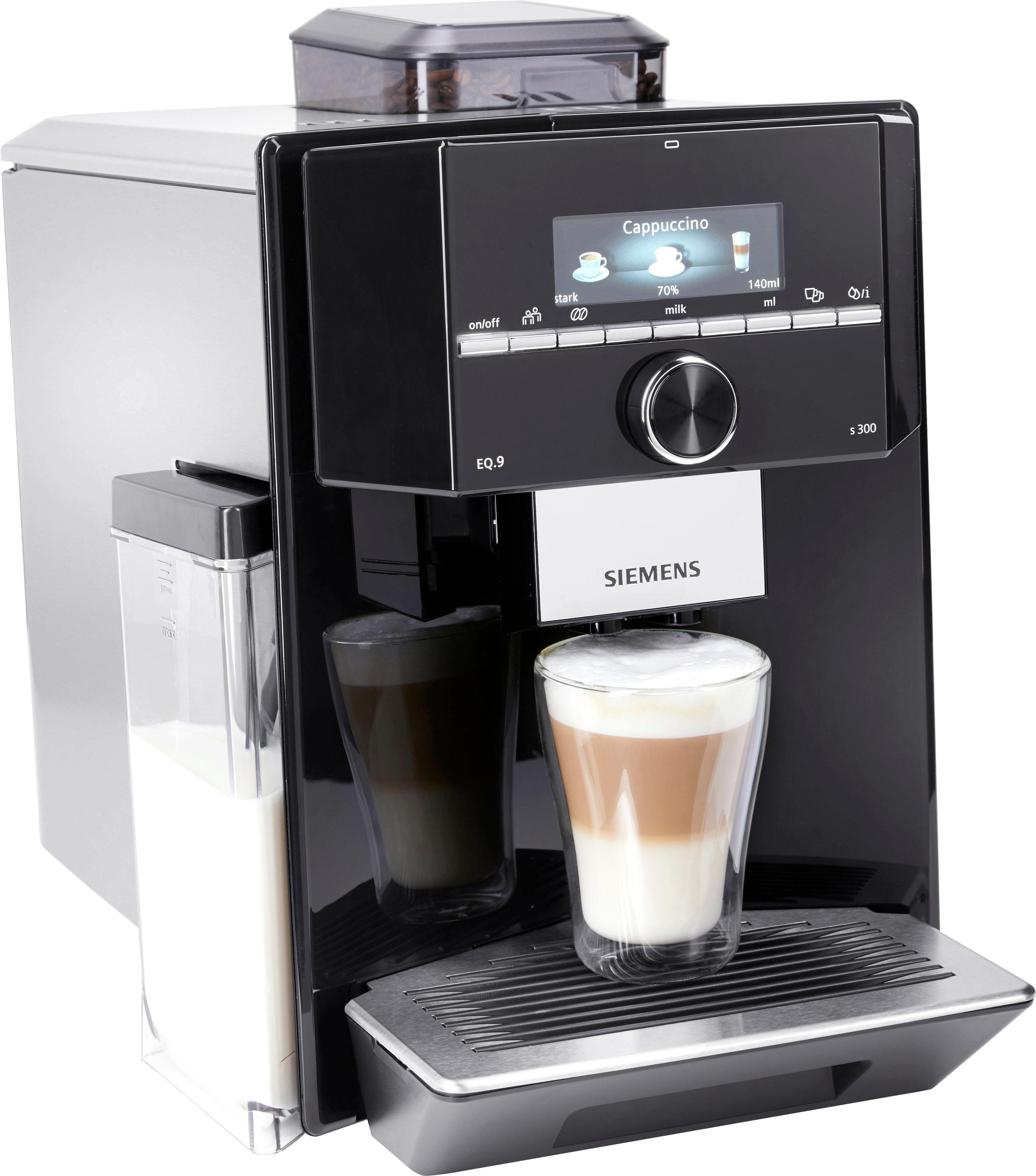 SIEMENS Kaffeevollautomat EQ.9 s300 TI923509DE, schwarz/Edelstahl, extra  leise, autom. Milchsystem-Reinigung, bis zu 6