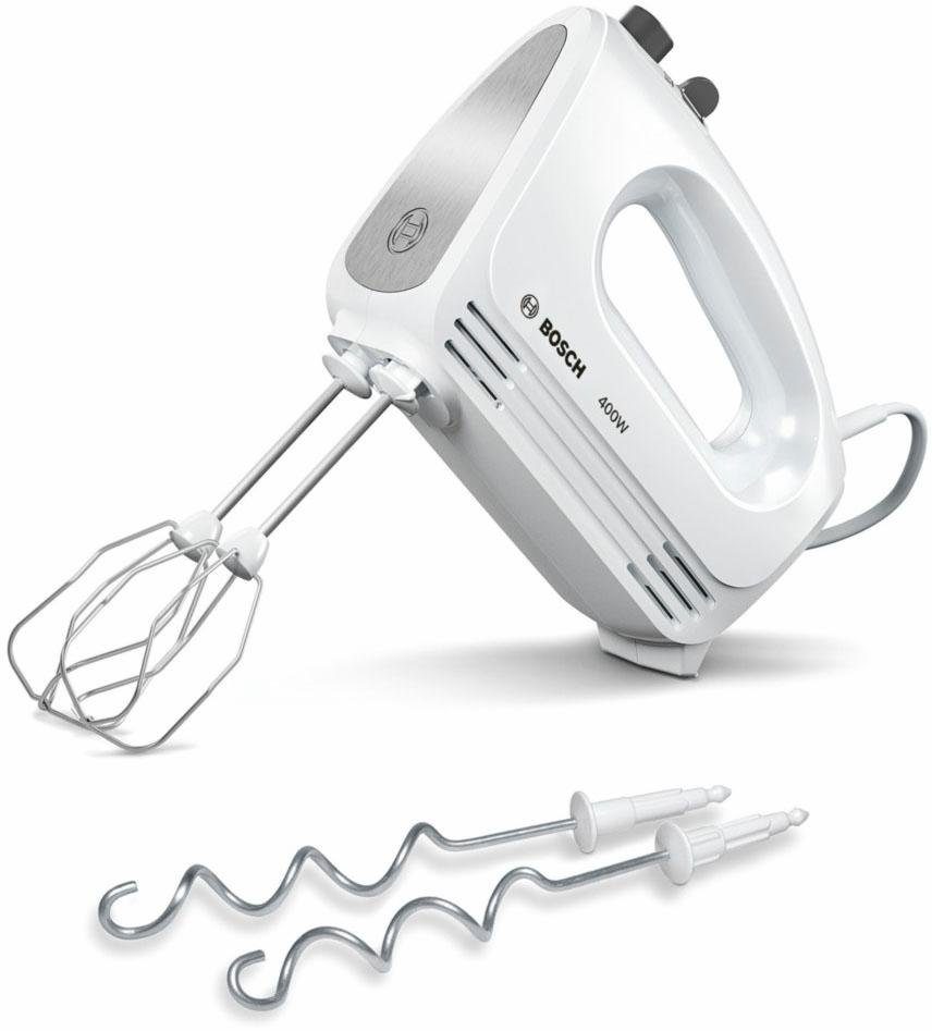 BOSCH Handmixer CleverMixx MFQ24200, Edelst. Rührbesen/Knethaken, 4 Stufen, weiß, 400 W, Auswurftaste, leichtes Gehäuse, Made in Europe