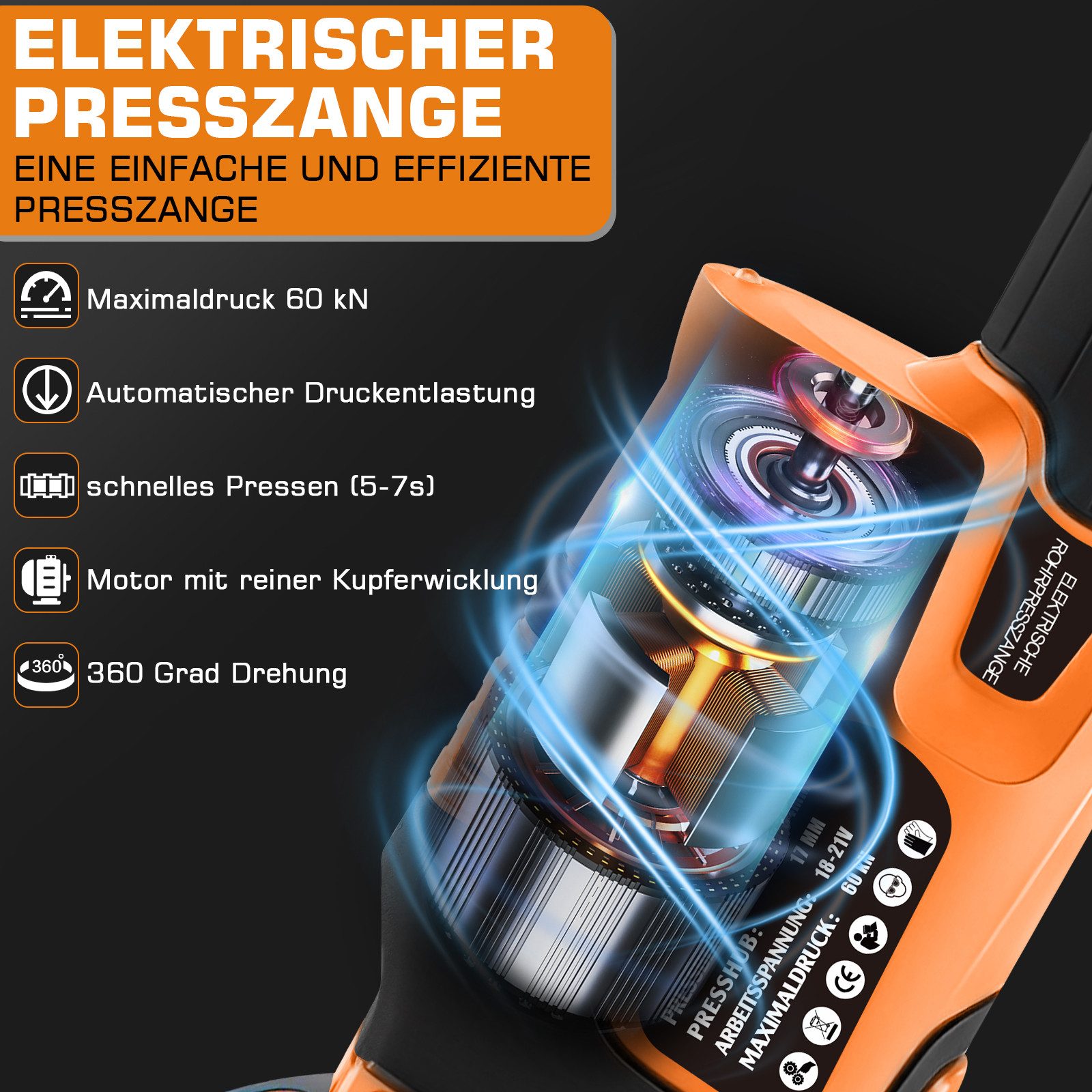 XERSEK Presszange Crimpzange Akku Presszange V-Kontur TH-Kontur Hilfsgurt LCD-Display, 2x5000mAh Akkus, ‌Ein-Mann-Bedienung, Automatische Druckentlastung, Geeignet für Kupferrohre, Edelstahlrohre und Verbundrohr