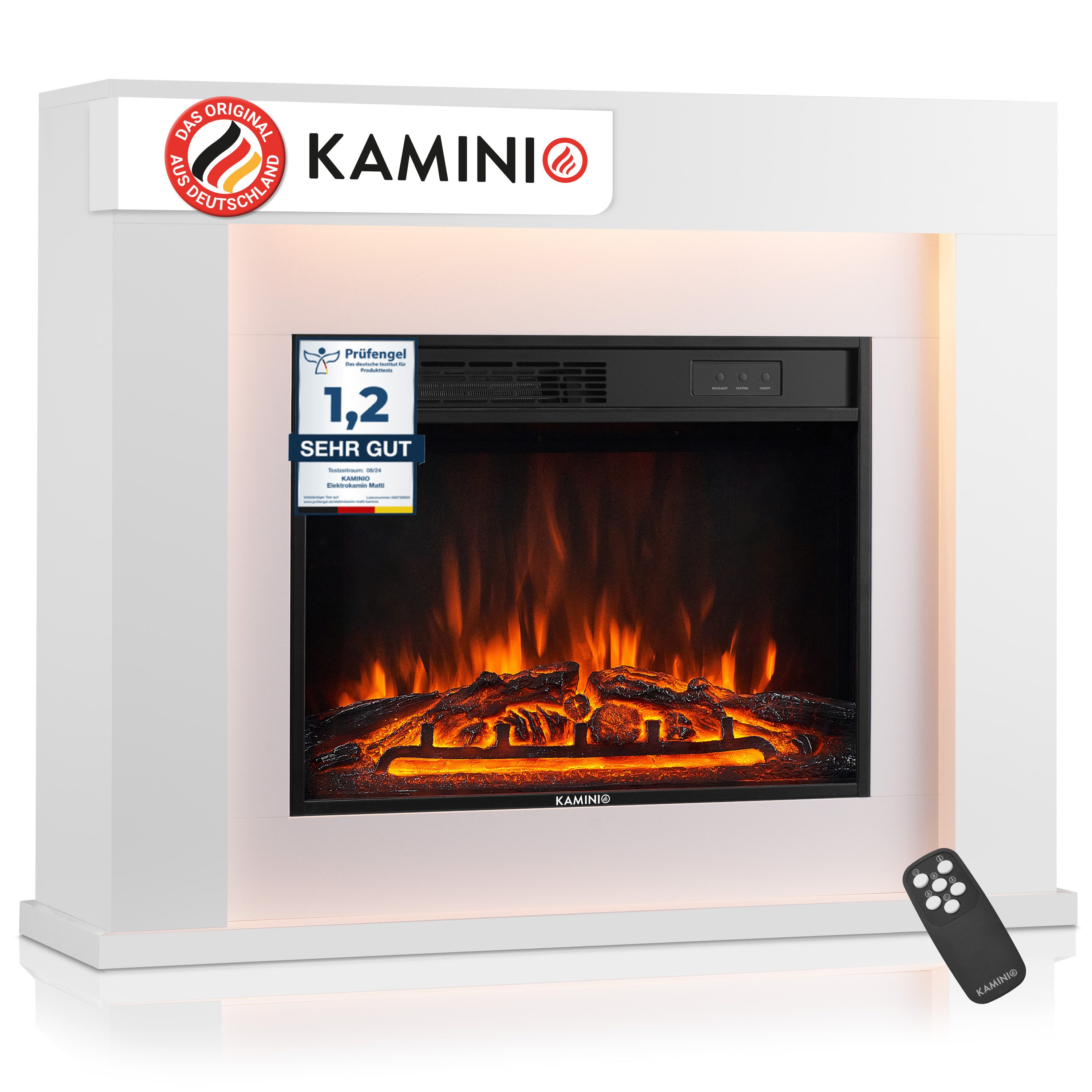 KAMINIO Elektrokamin MATTI, Elektrischer Kamin mit 3D-Flammeneffekt, Ambientelicht, Heizung 1800W