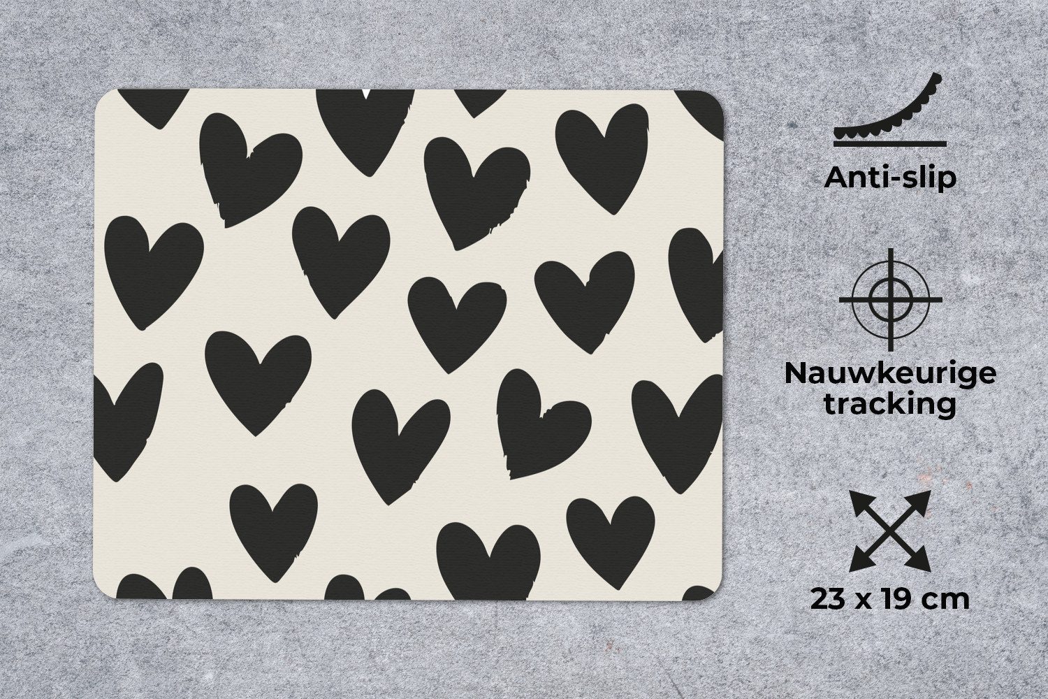 MuchoWow Mauspad Herzen - Schwarz - Beige (1-St), Gaming, Mousepad Klein, Büro Zubehör, Mausunterlage, 23x19 cm