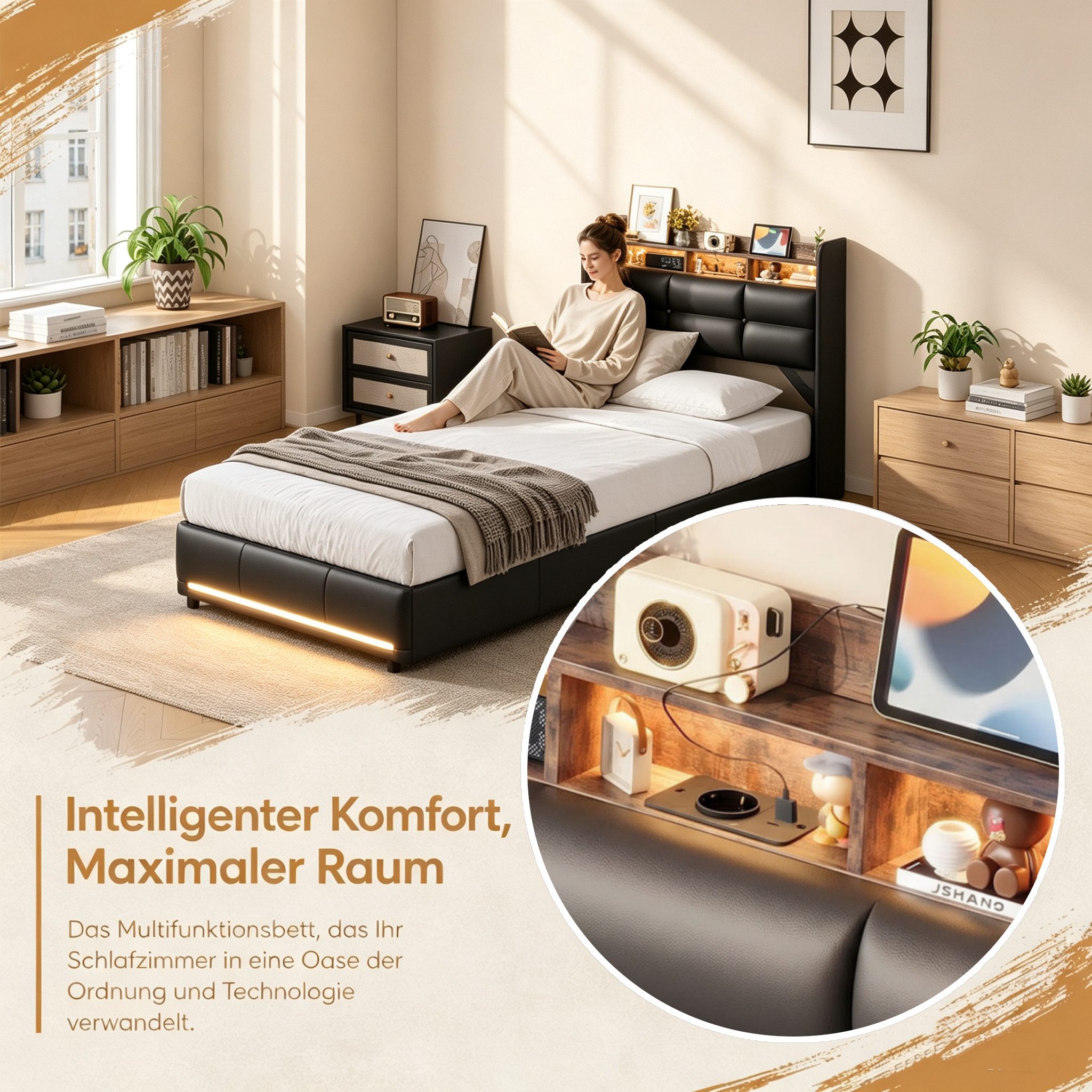 Simurq Polsterbett 90x200 mit Bettkasten, Einzelbett, Jugendbett, Bettgestell