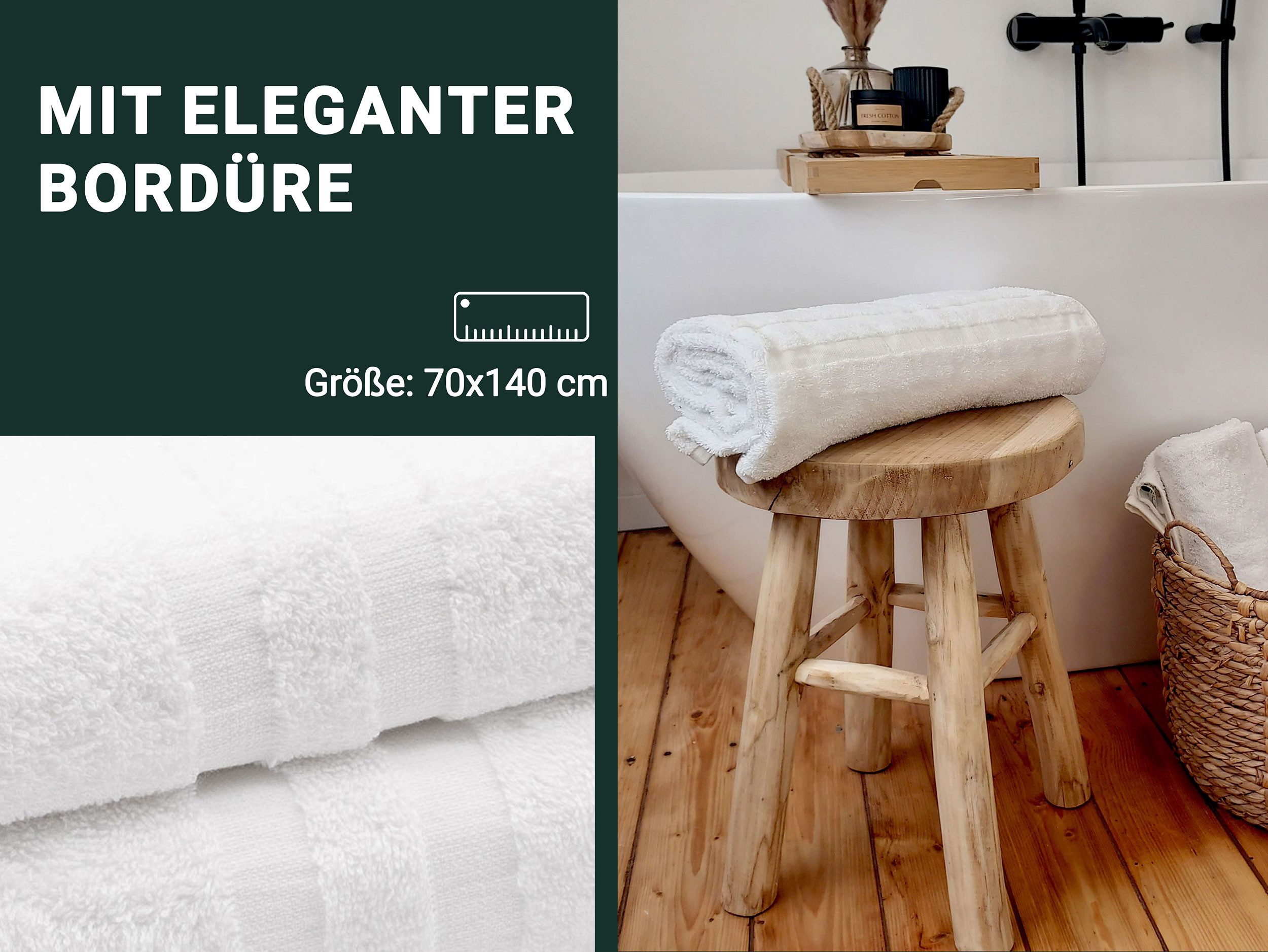 ZOLLNER Duschtücher, Walkfrottier (4-St), 70 x 140 cm, 100% Baumwolle, mit 2 Bordürenstreifen