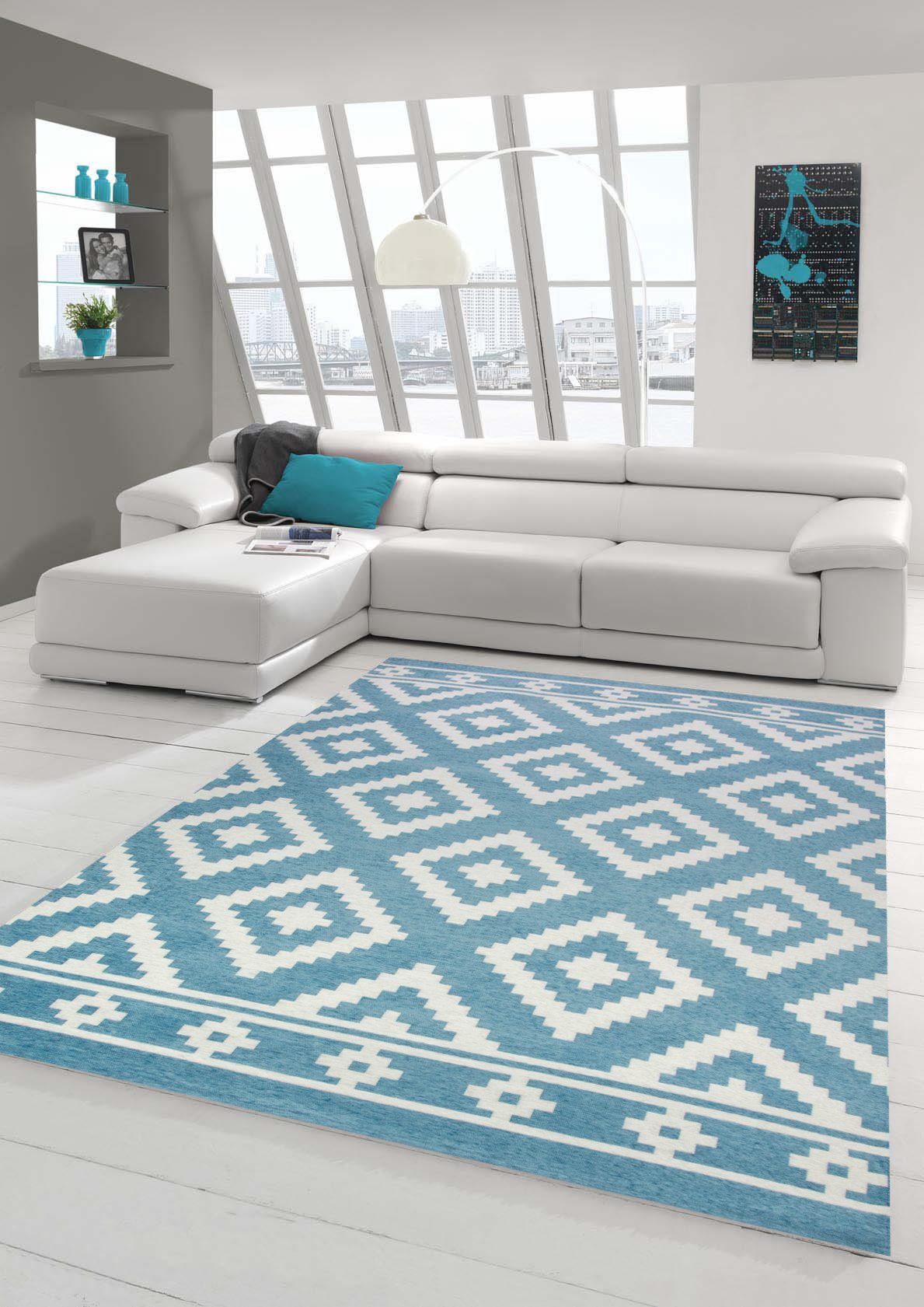 Teppich Teppich modern Orientteppich Wohnzimmer Teppich Marokkanisches  Muster in blau weiß, Teppich-Traum, rechteckig, Höhe: 9 mm