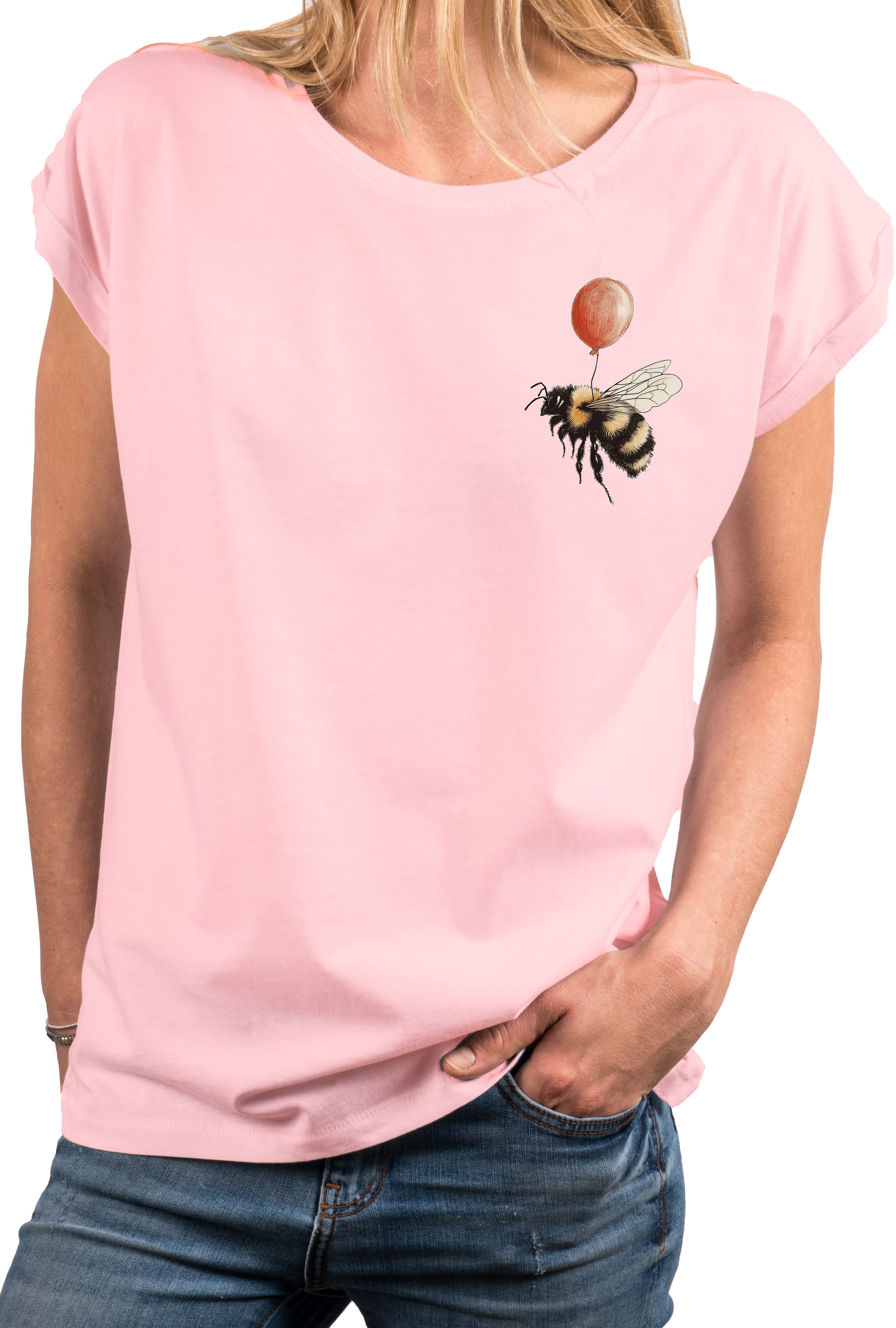 MAKAYA T-Shirt Damen-Top mit kleinem Hummel-Print – lustiges, freches Sommer-Motiv (Weiß, Rosa, Hellgrau, Grün, Dunkelgrau, Blau, 34, 36, 38, 40, 42, 44, 46, 48, 50) Baumwolle