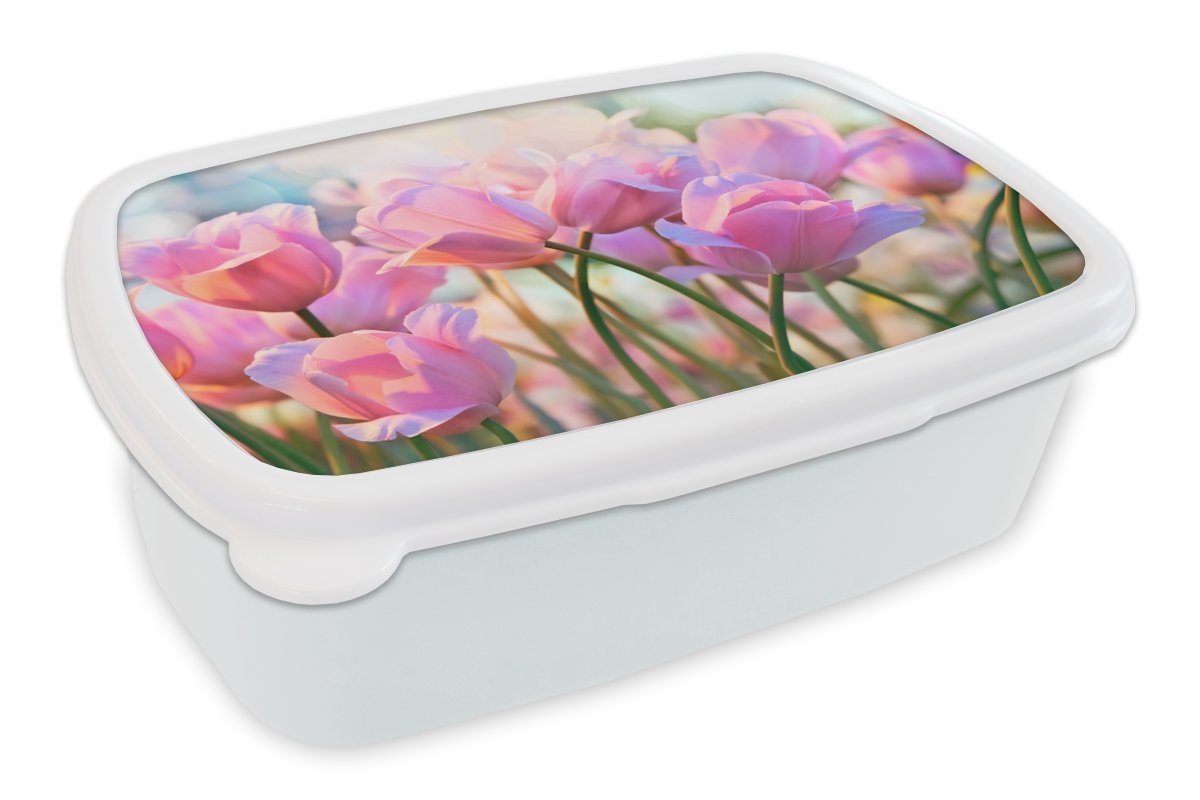 MuchoWow Lunchbox Tulpen - Rosa - Frühling, Kunststoff, (2-tlg), Brotbox für Kinder und Erwachsene, Brotdose, für Jungs und Mädchen weiß