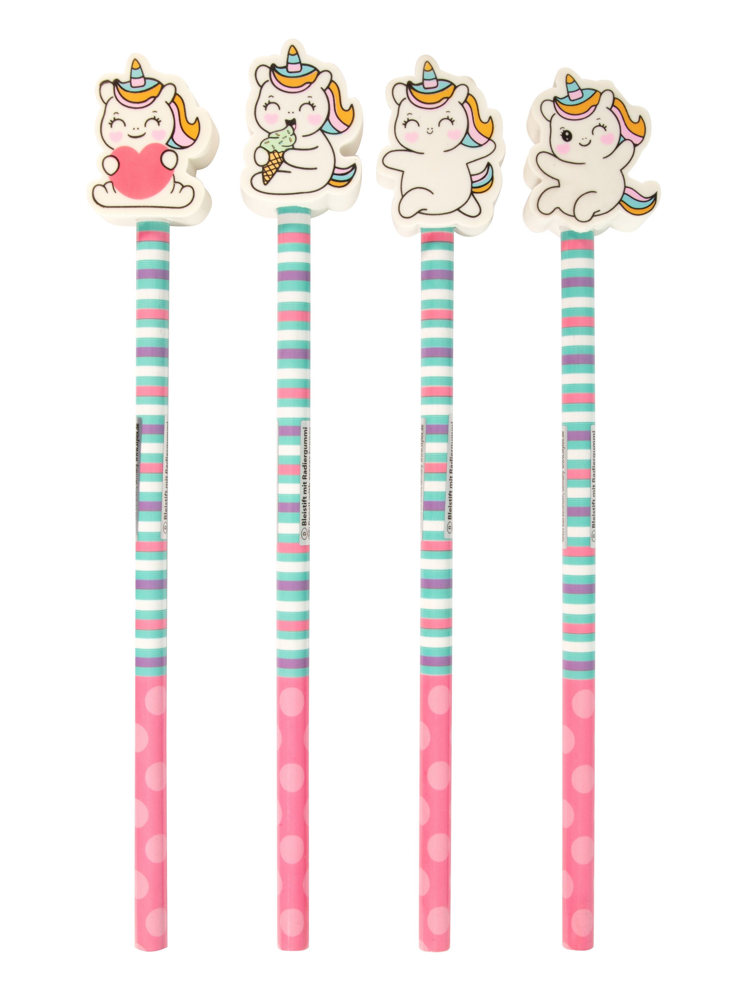 Stylex Schreibwaren Bleistift 4 Bleistifte / mit Radiergummi-Topper "Einhorn"