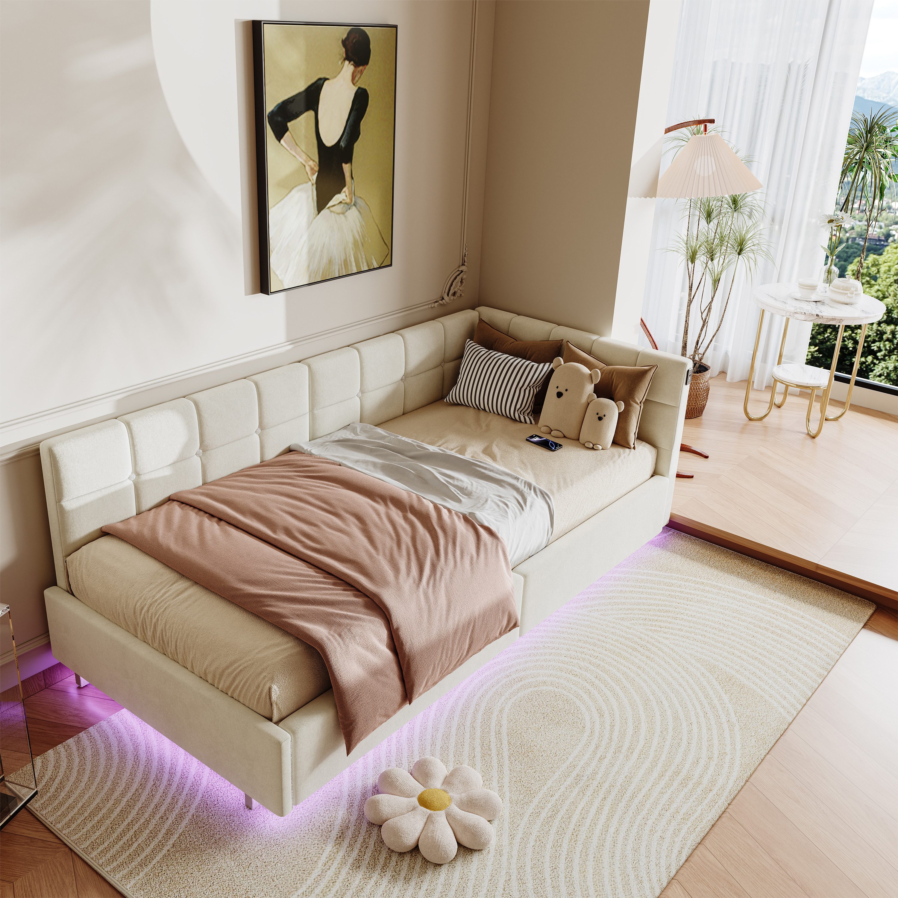 ADWOLT Daybett Tagesbett Polsterbett mit LED-Beleuchtung und Stauraum, Schlafsofa,Jugendbett USB&Typ-C,Einzelbett 90x200cm,Samt,Beige
