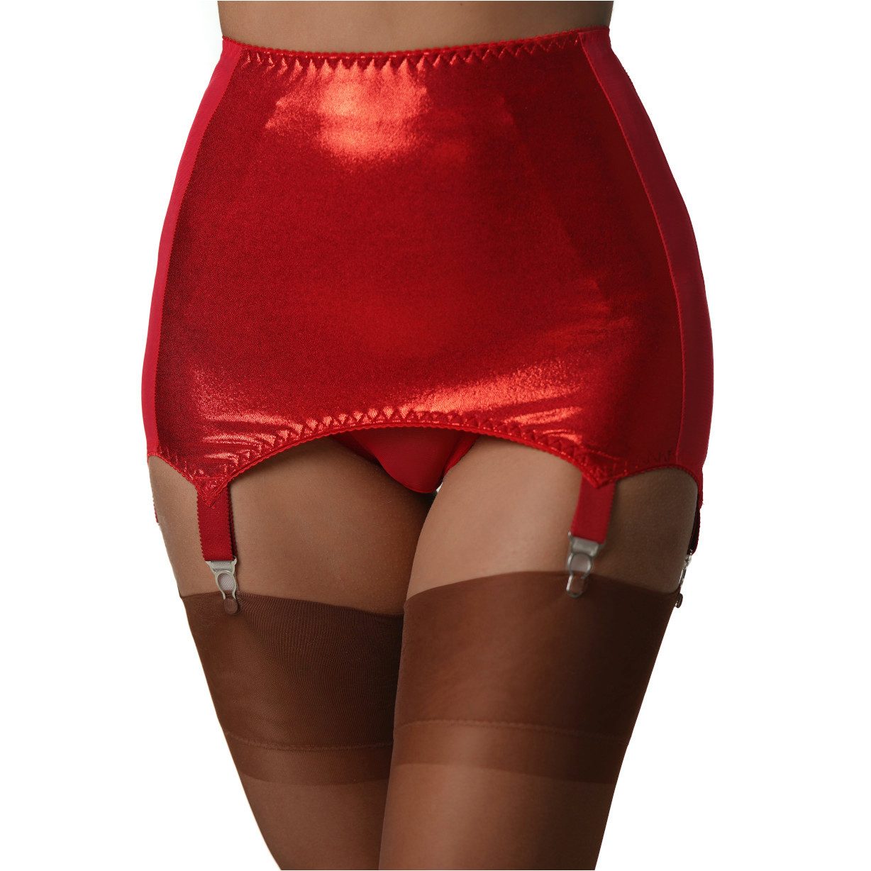 Vicky's Nylons Strumpfhalter Rotes glänzendes Mieder mit 6 Strapsen – figurformend – Größe S–XL