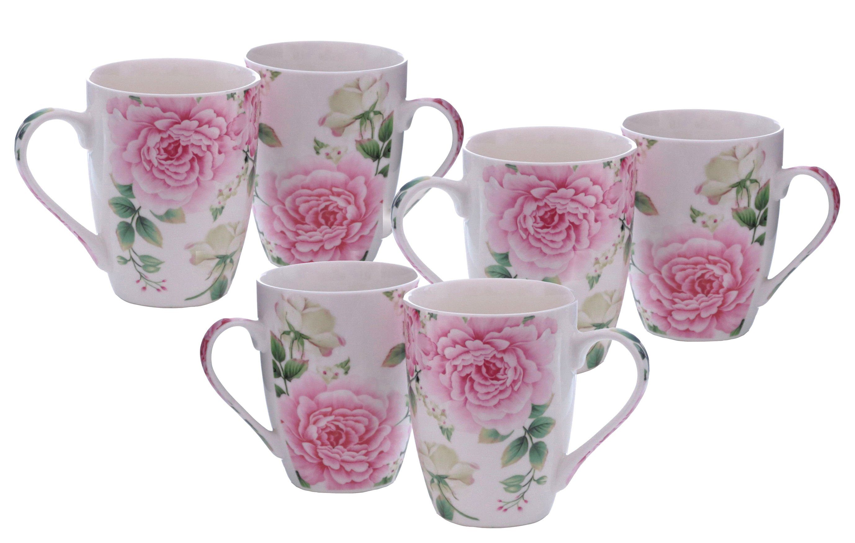 Spetebo Becher Kaffeebecher mit Rosen Motiv - 6er Set, 6-tlg., Porzellan, Kaffee und Tee Tassen für ca. 250 ml