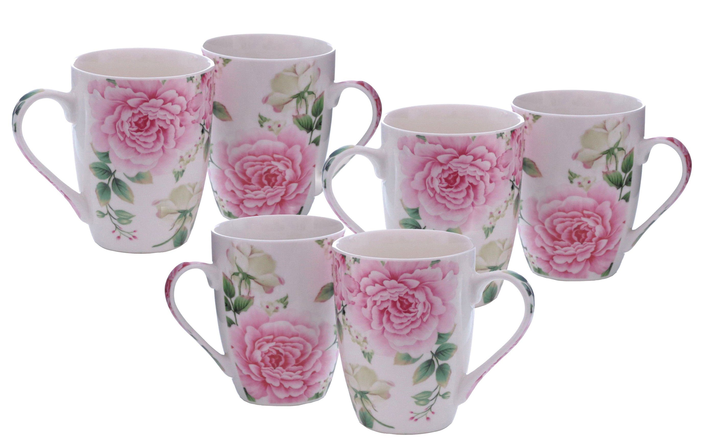 Spetebo Becher Kaffeebecher mit Rosen Motiv - 6er Set, Porzellan, Kaffee  und Tee Tassen für ca. 250 ml