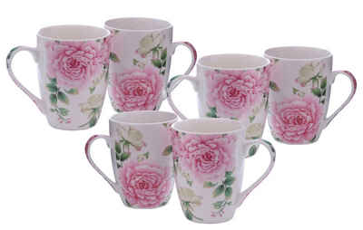 Spetebo Becher Kaffeebecher mit Rosen Motiv - 6er Set, Porzellan, Kaffee und Tee Tassen für ca. 250 ml