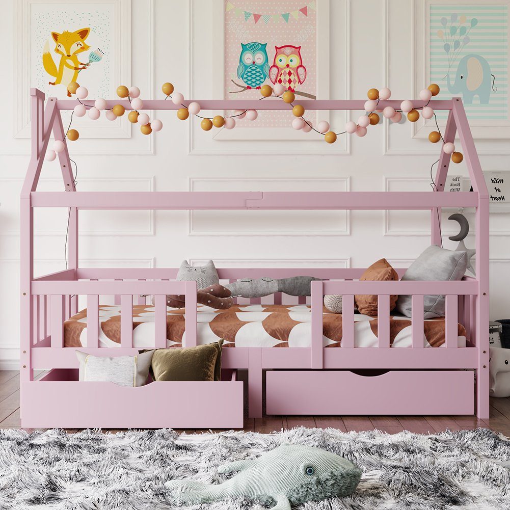 Kinderbett (1-tlg., mit Schubladen, Rausfallschutz und Lattenrost), 90 x 200 cm Hausbett Einzelbett aus massivem Kiefernholz