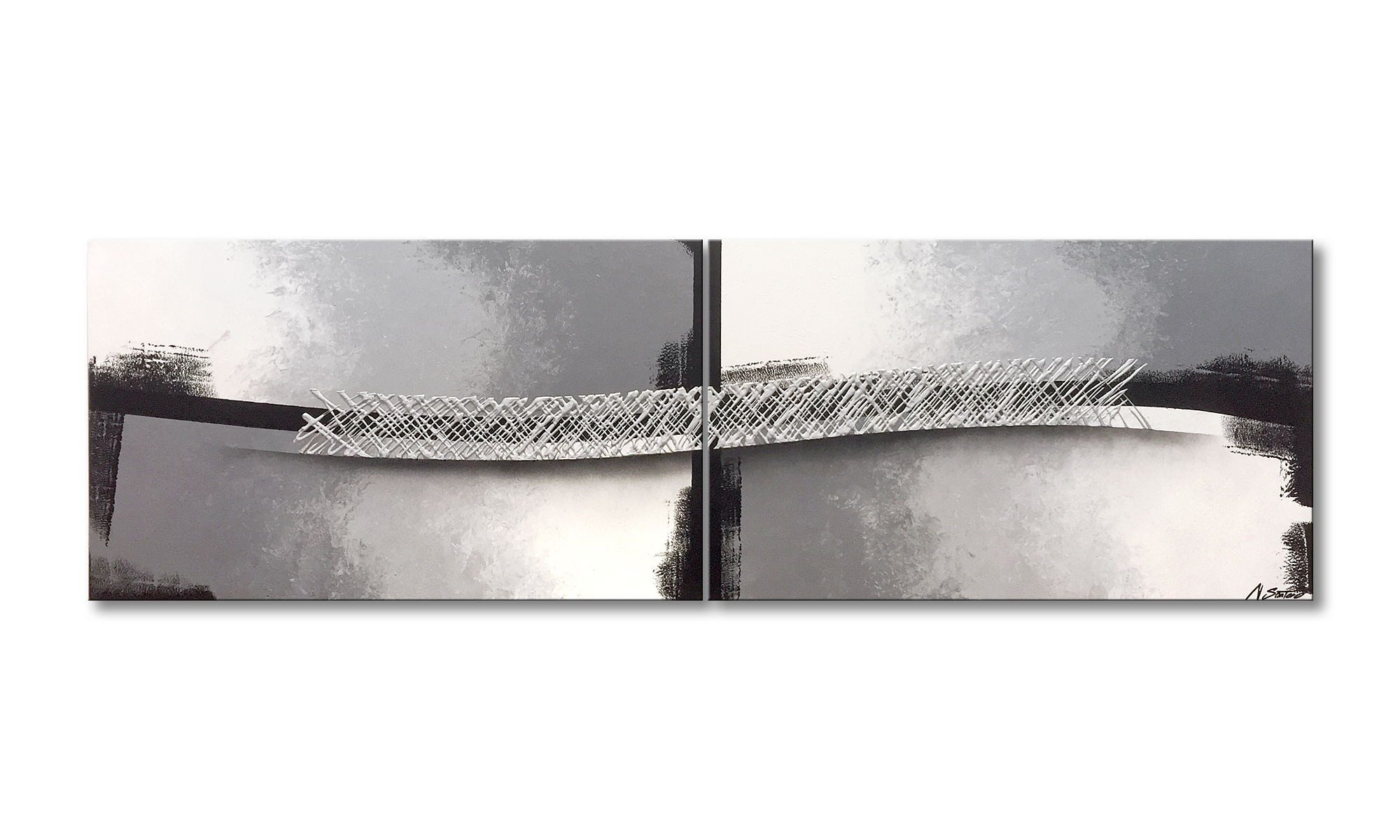 WandbilderXXL Gemälde Silver Stream 200 x 60 cm, Abstraktes Gemälde, handgemaltes Unikat