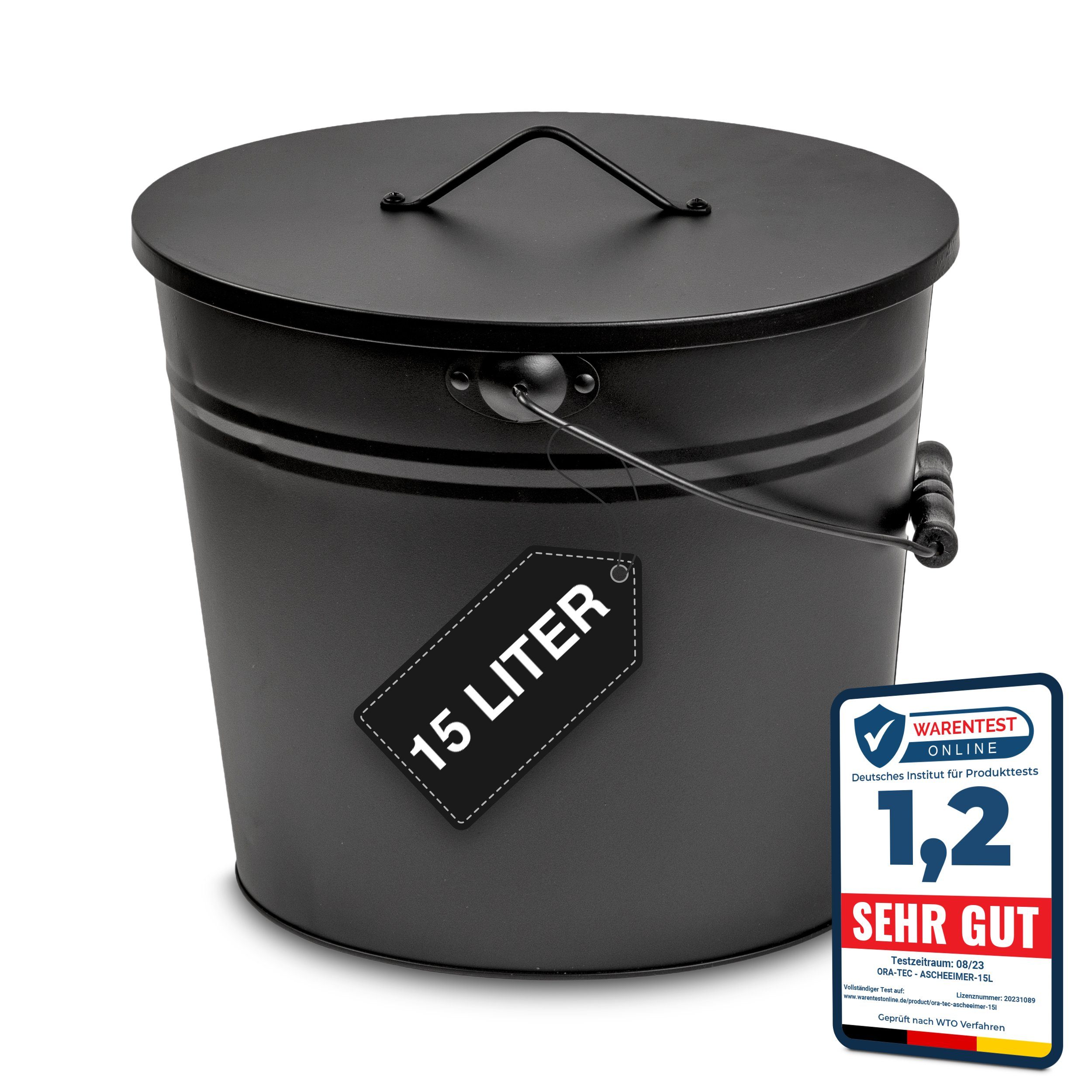 Ora-Tec Aschekasten Ascheeimer mit Deckel - 15 Liter 24 x 33 x 30,5 - Kohleeimer, 15 Liter Kamineimer mit Deckel und Tragegriff für Kohle und Asche